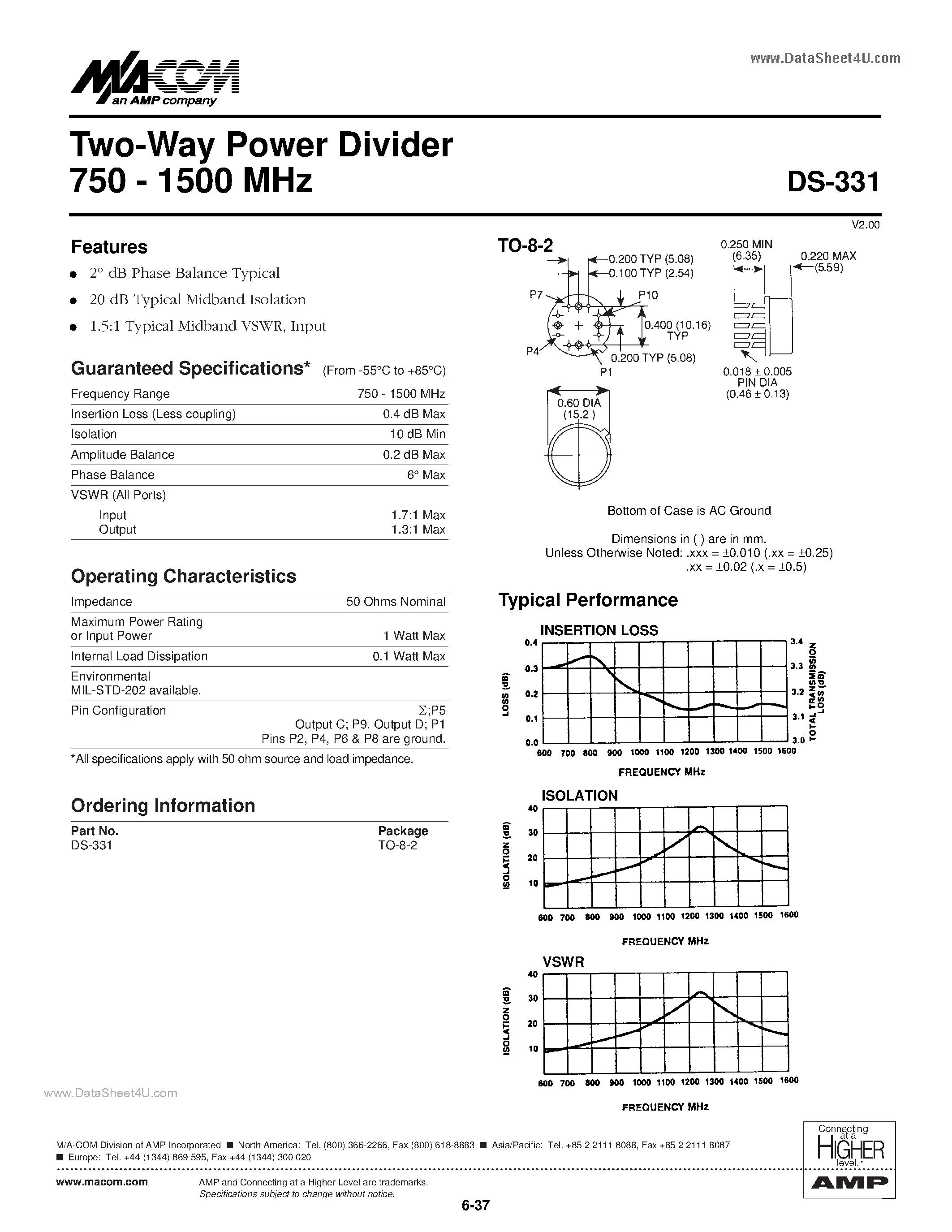 Datasheet DS-331 - Two-Way Power Divider 750 - 1500 MHz page 1