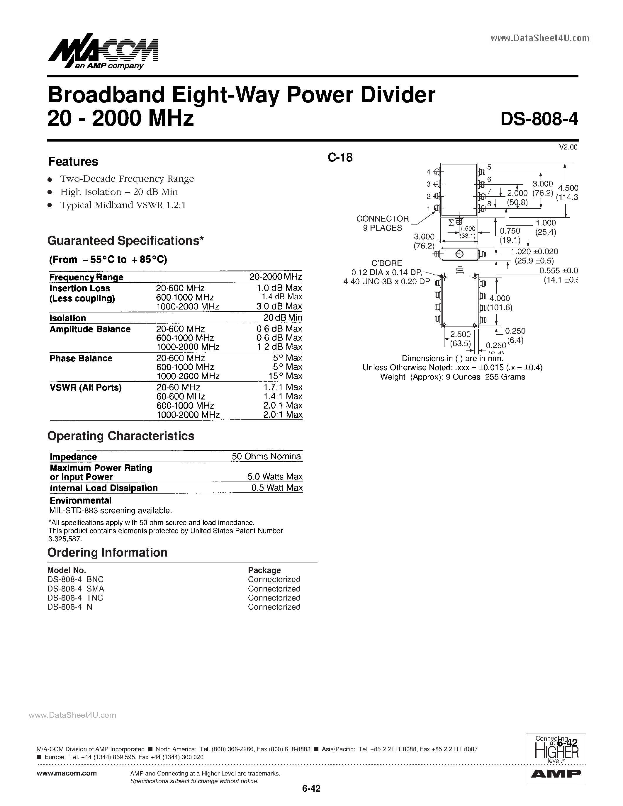 Datasheet DS-808-4 - Broadband Eight-Way Power Divider 20 - 2000 MHz page 1
