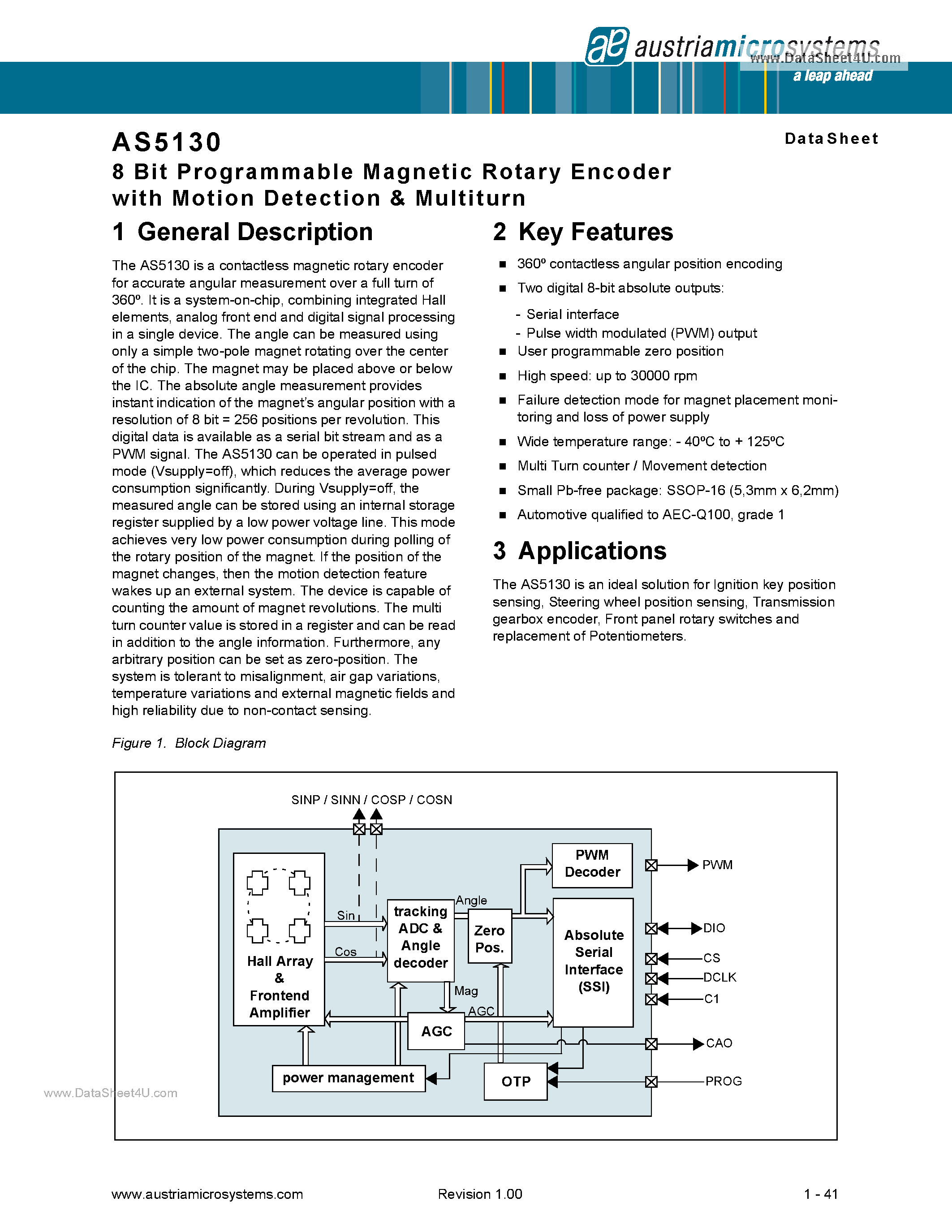 Даташит на микросхему AS5130 страница 1 Даташит AS5130 - 8 Bit Programmable Magnetic Rotary Encoder страница 1