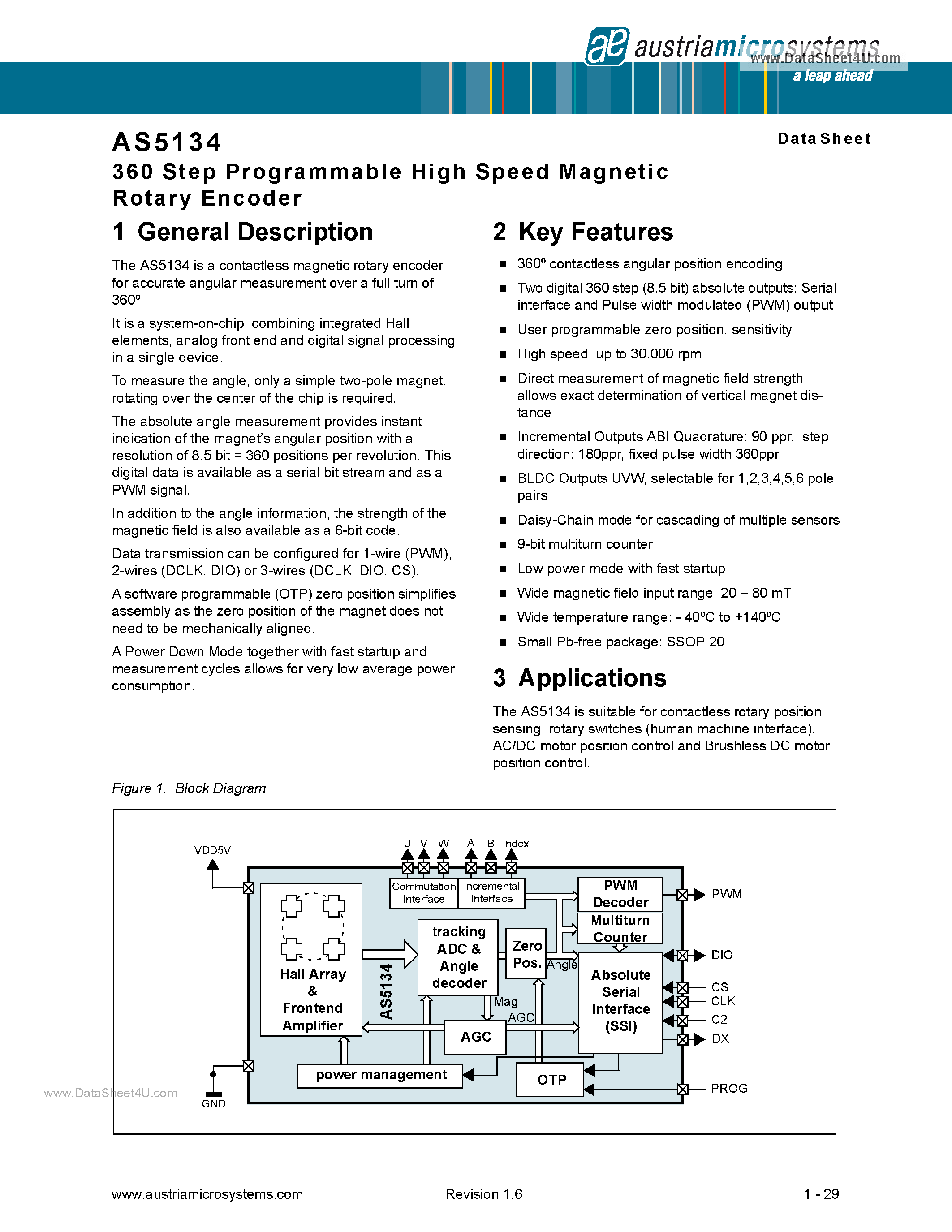 Даташит на микросхему AS5134 страница 1 Даташит AS5134 - 360 Step Programmable High Speed Magnetic Rotary Encoder страница 1