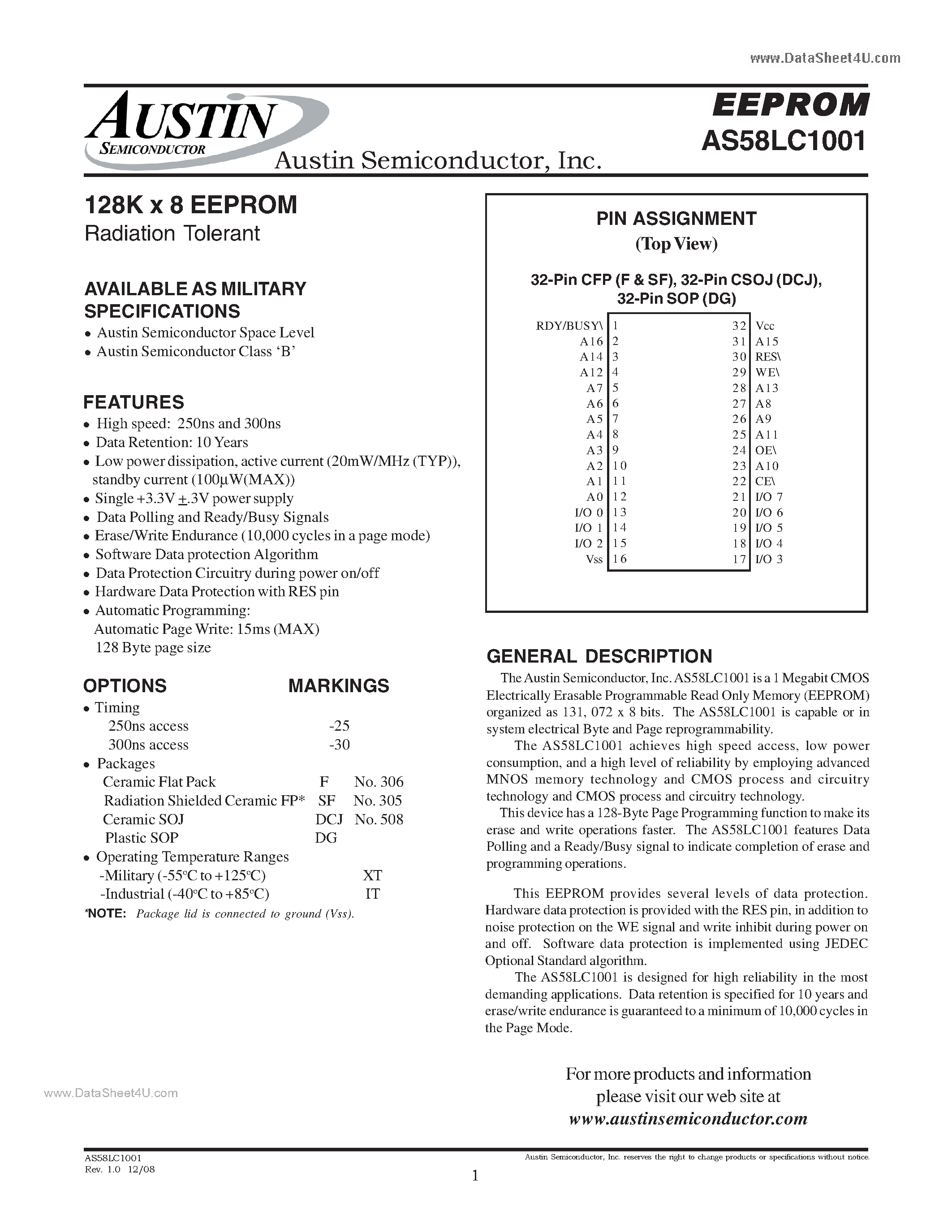 Даташит на микросхему AS58LC1001 страница 1 Даташит AS58LC1001 - 128K x 8 EEPROM Radiation Tolerant страница 1