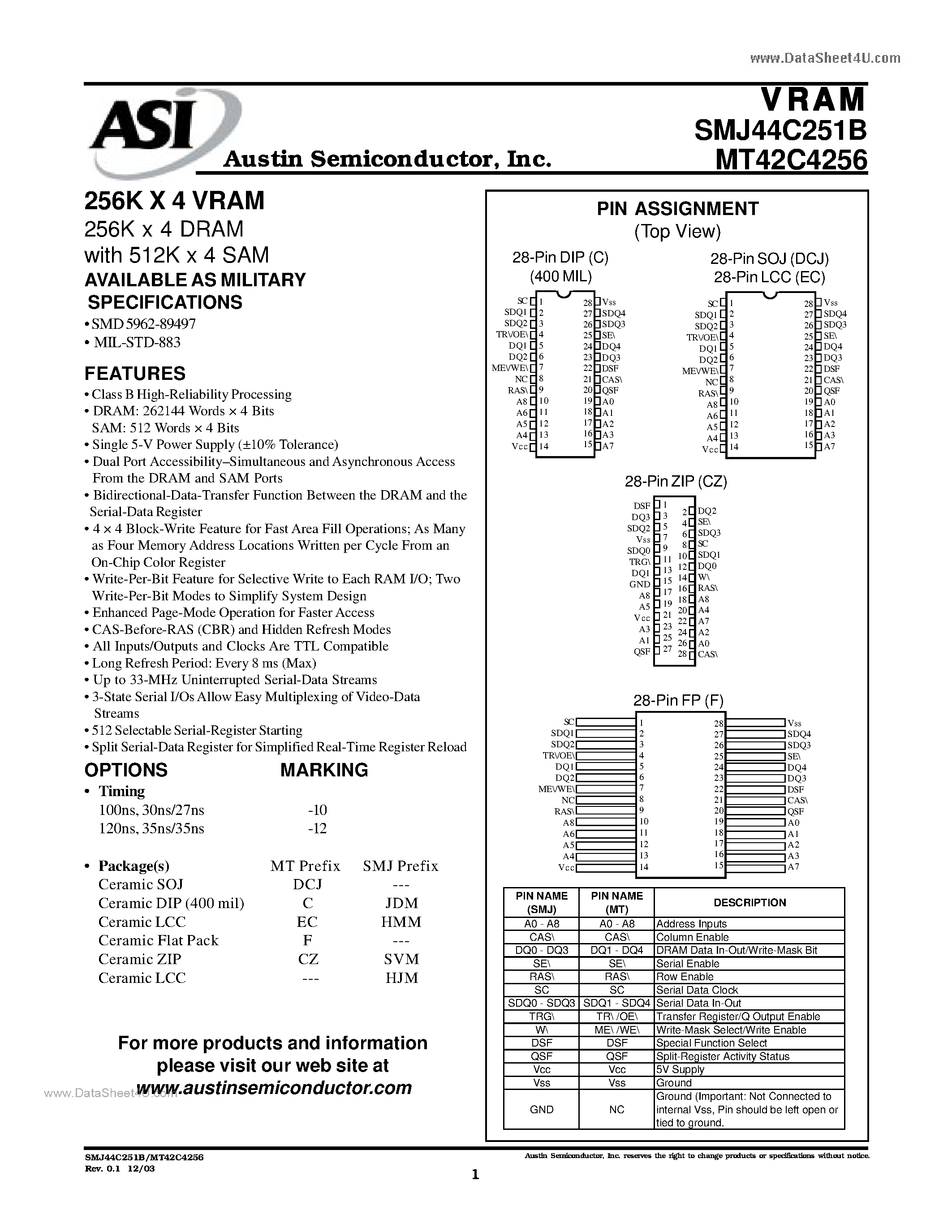 Datasheet MT42C4256 page 1 Datasheet MT42C4256 - 256K X 4 VRAM 256K x 4 DRAM page 1