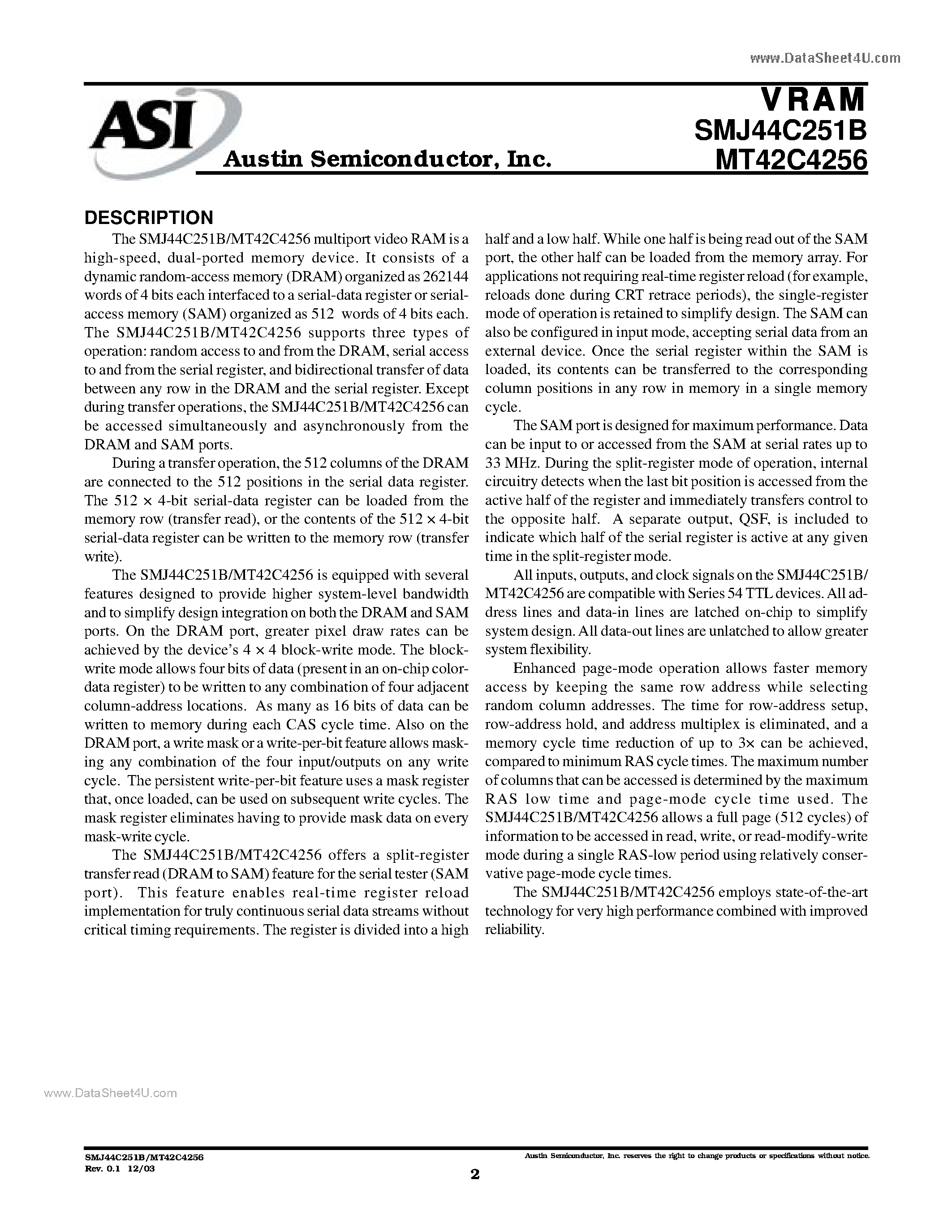 Datasheet MT42C4256 page 2 Datasheet MT42C4256 - 256K X 4 VRAM 256K x 4 DRAM page 2