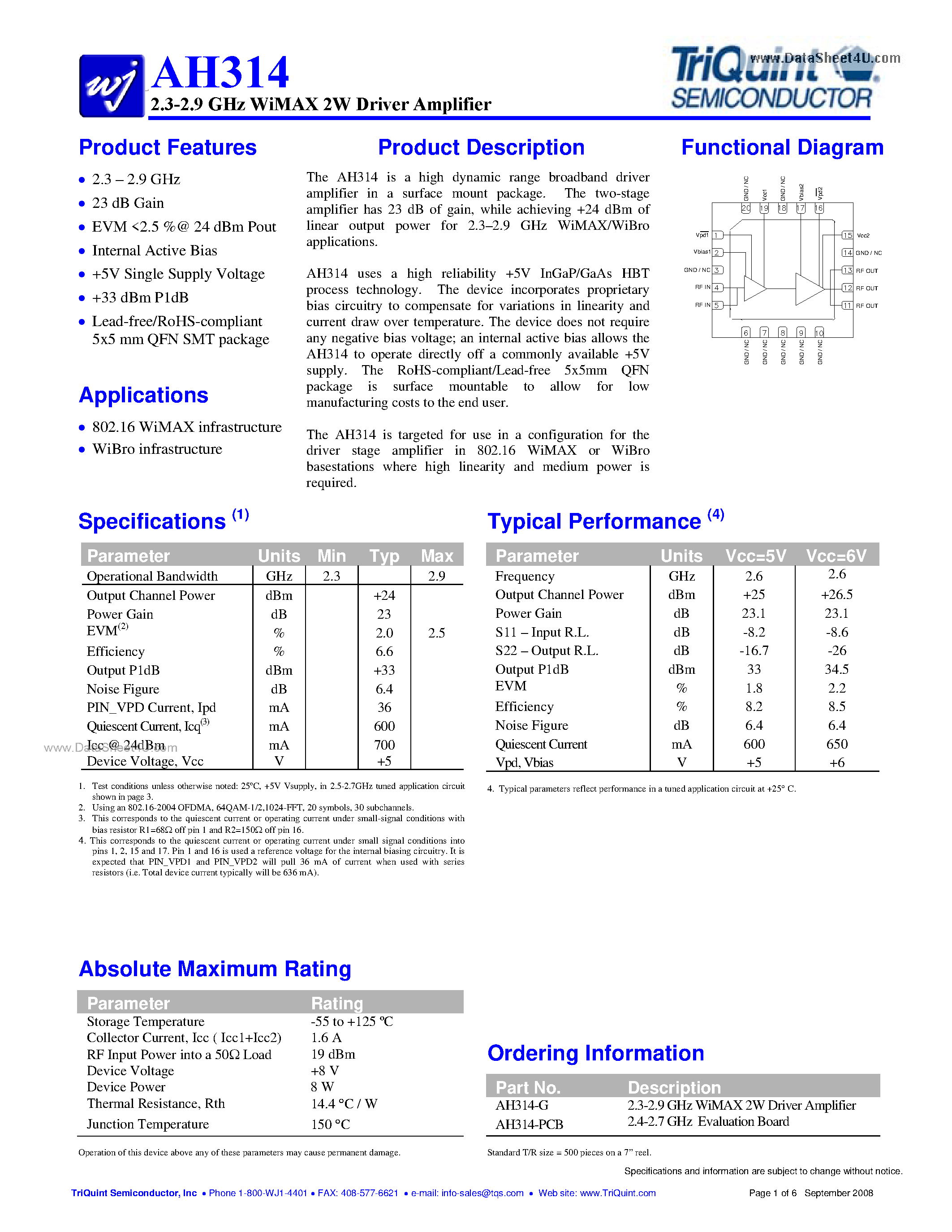 Даташит AH314 - 2.3-2.9 GHz WiMAX 2W Driver Amplifier страница 1