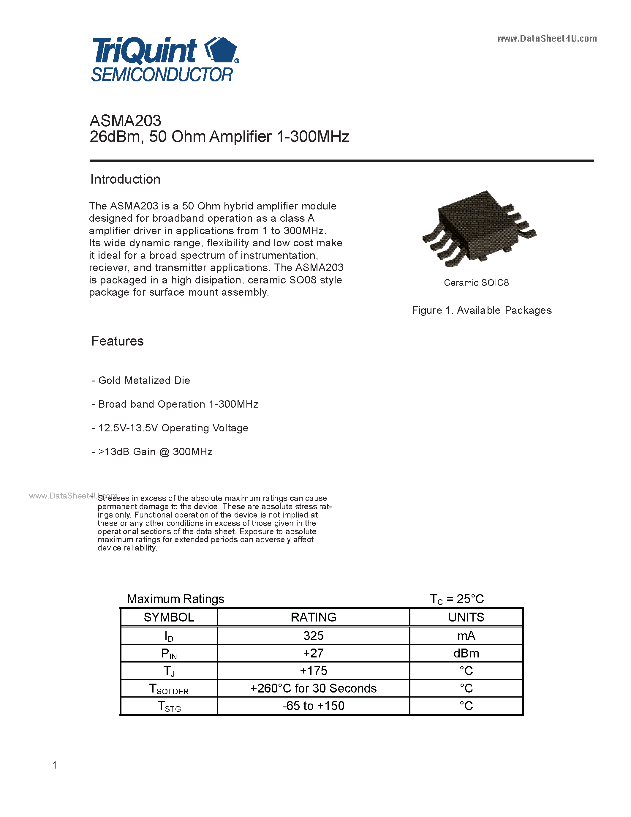 Даташит на микросхему ASMA203 страница 1 Даташит ASMA203 - 50 Ohm Amplifier 1-300MHz страница 1
