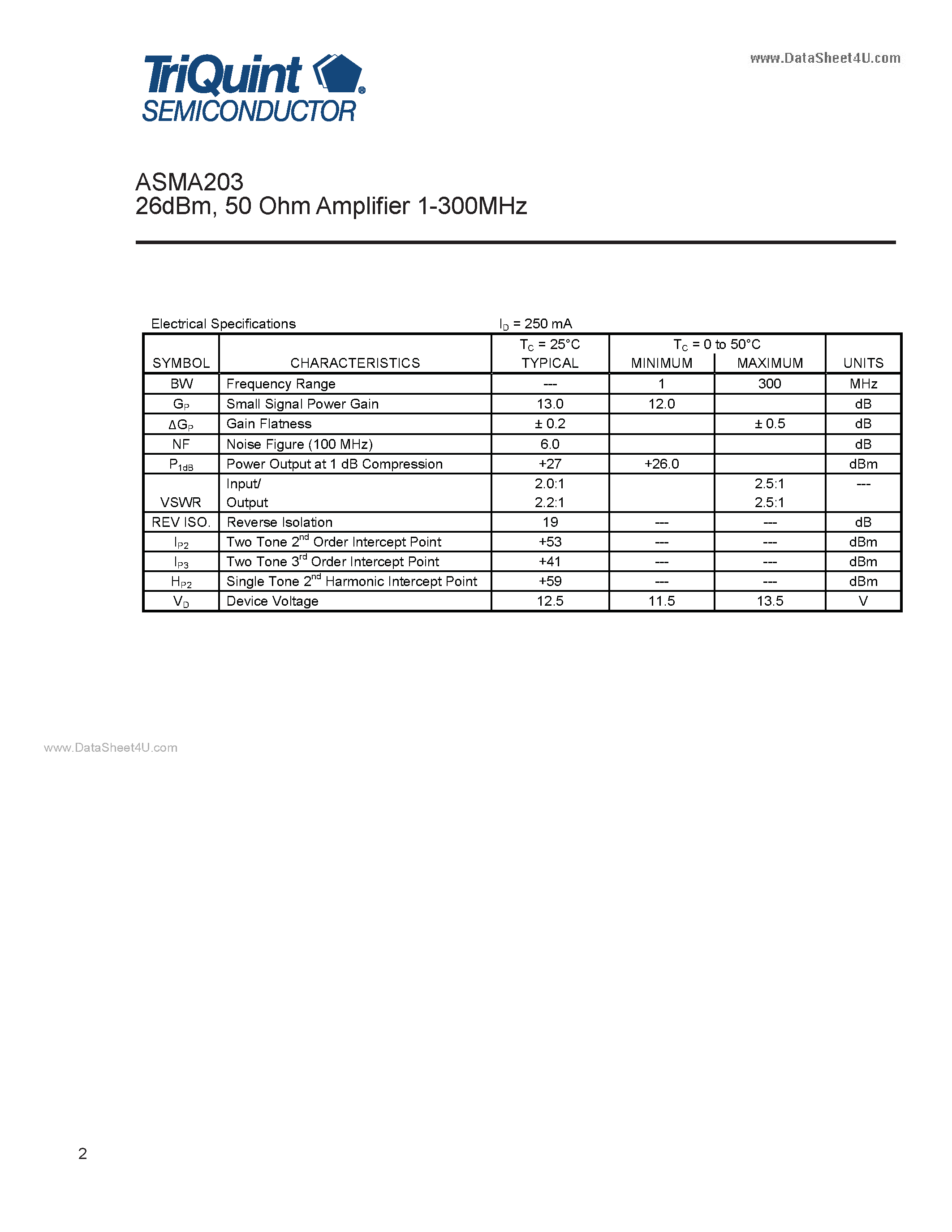 Даташит на микросхему ASMA203 страница 2 Даташит ASMA203 - 50 Ohm Amplifier 1-300MHz страница 2