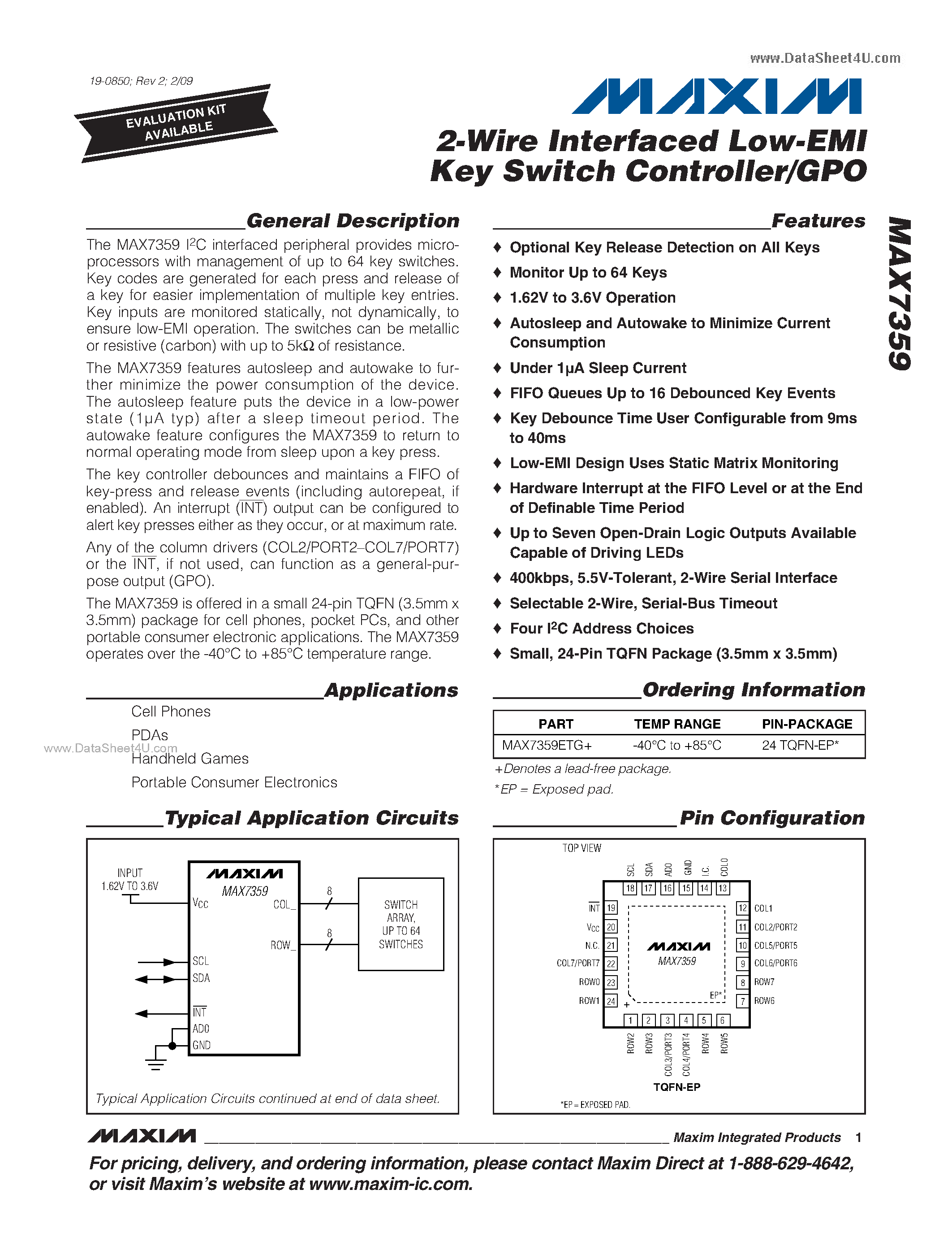 Datasheet MAX7359 - 2-Wire Interfaced Low-EMI Key Switch Controller/GPO page 1