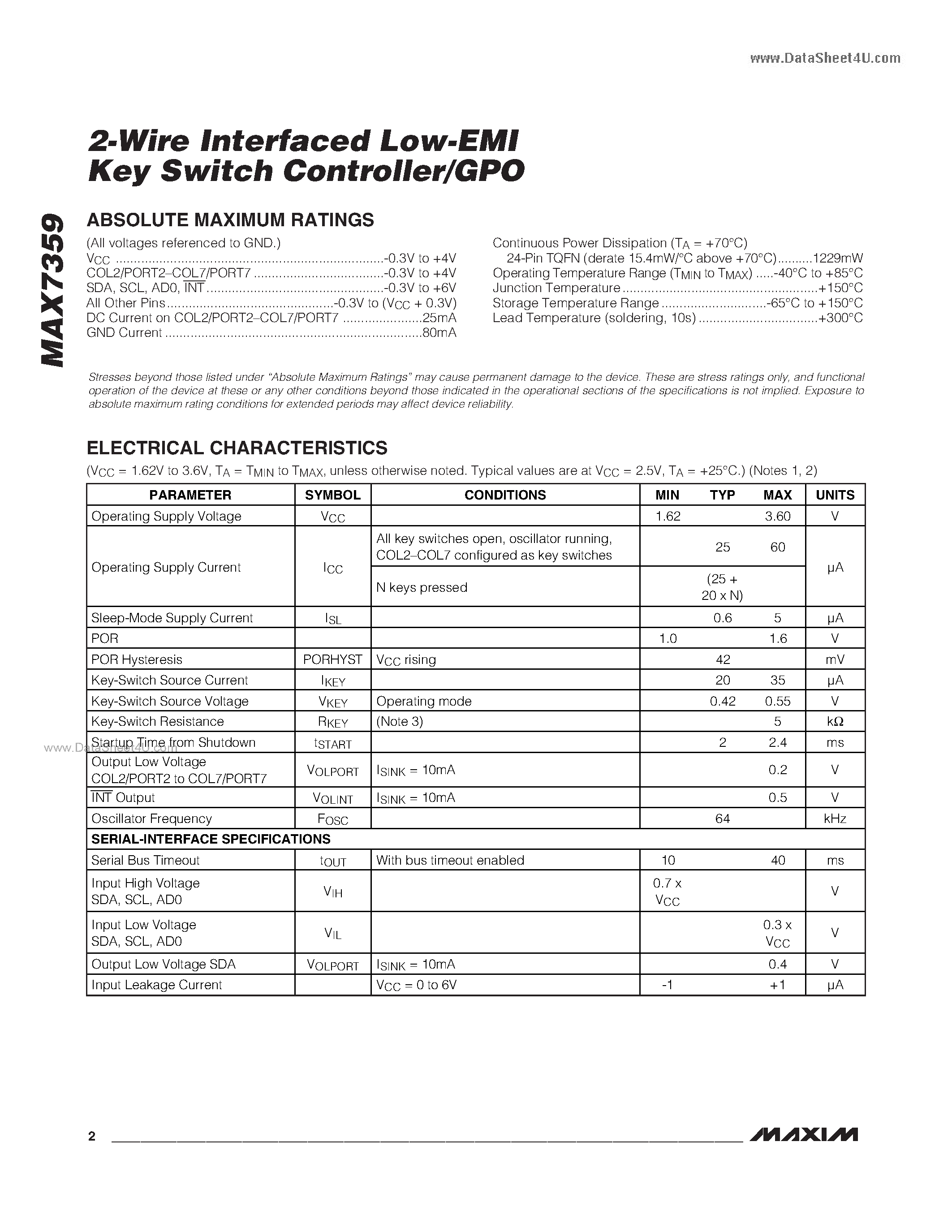 Datasheet MAX7359 - 2-Wire Interfaced Low-EMI Key Switch Controller/GPO page 2