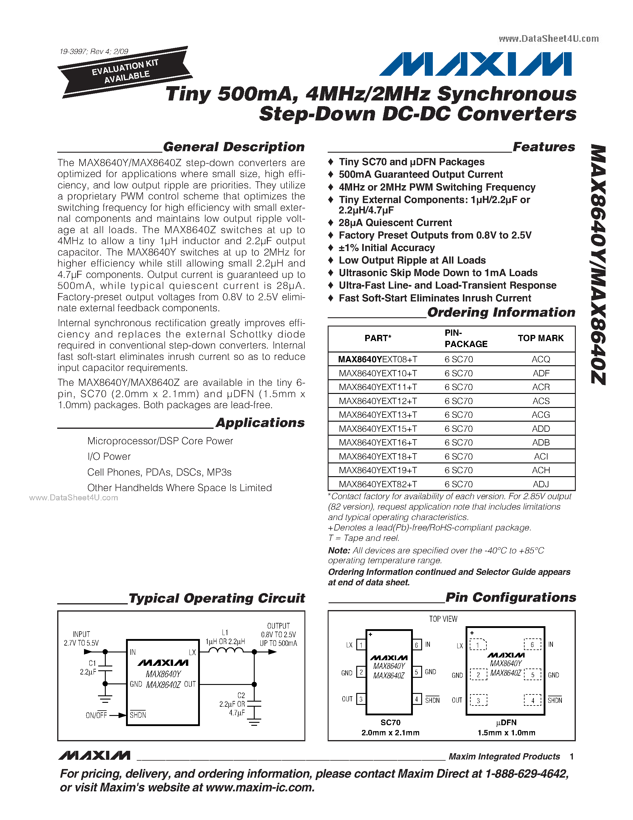 Datasheet MAX8640Y - 4MHz/2MHz Synchronous Step-Down DC-DC Converters page 1