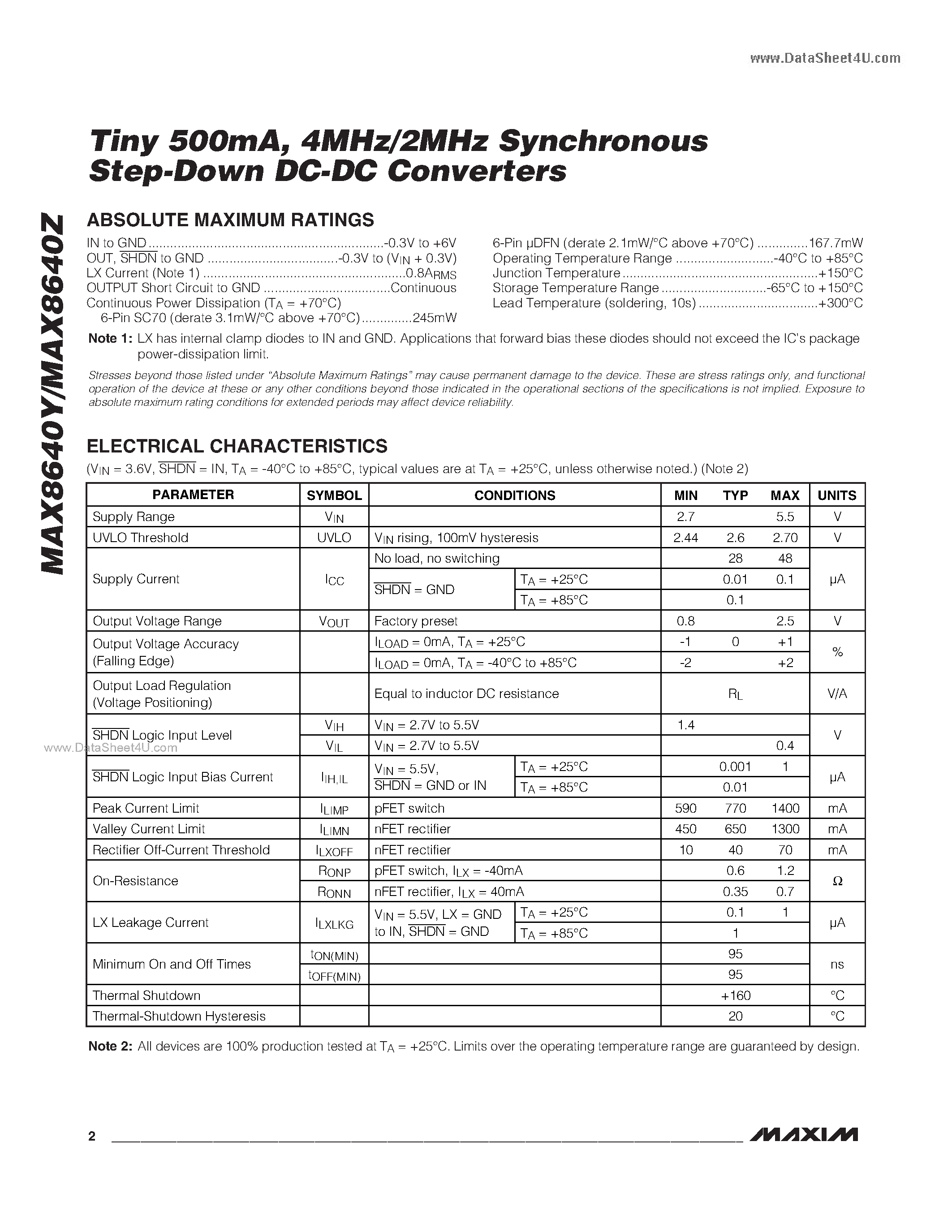 Datasheet MAX8640Y - 4MHz/2MHz Synchronous Step-Down DC-DC Converters page 2