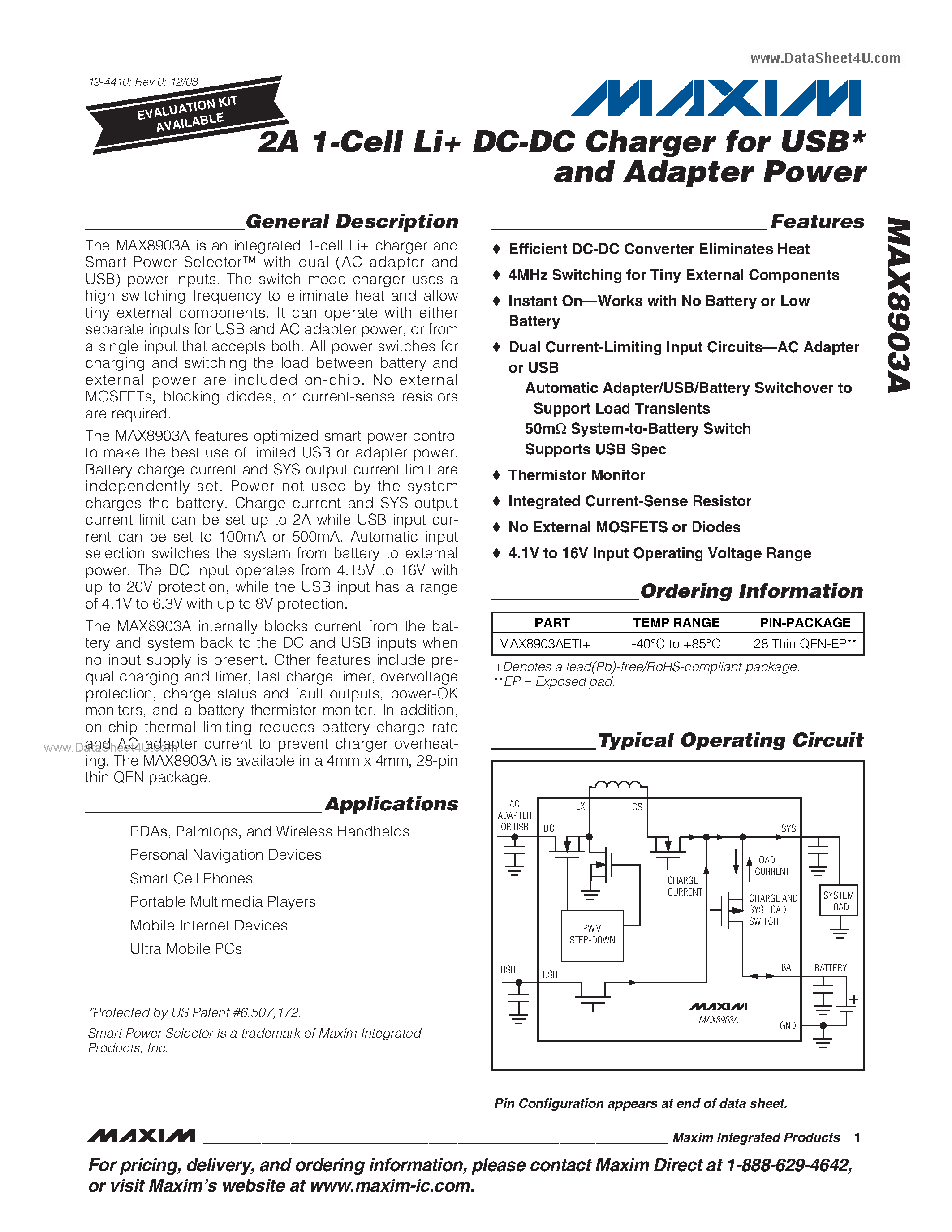 Datasheet MAX8903A - 2A 1-Cell Li+ DC-DC Charger for USB* and Adapter Power page 1