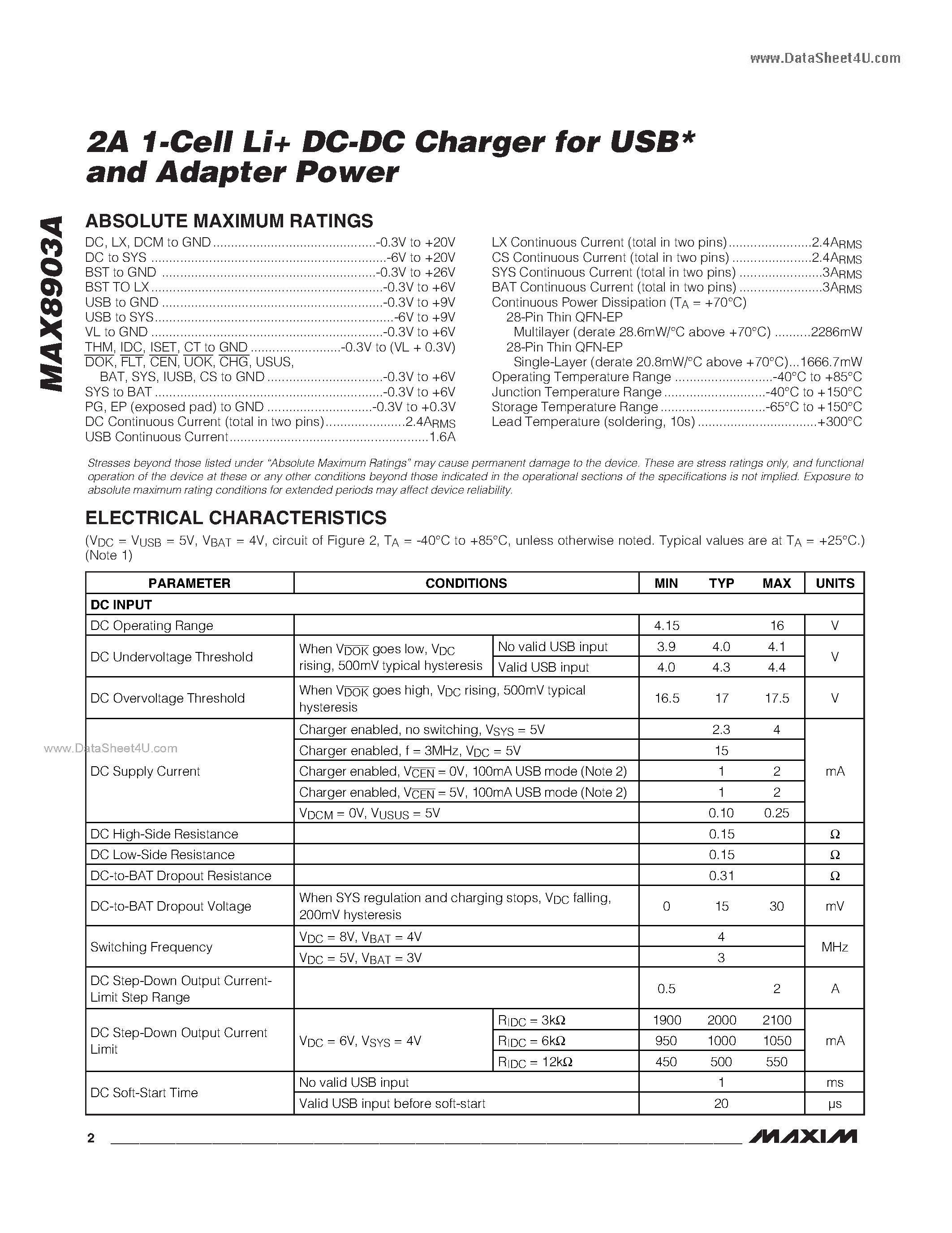Datasheet MAX8903A - 2A 1-Cell Li+ DC-DC Charger for USB* and Adapter Power page 2