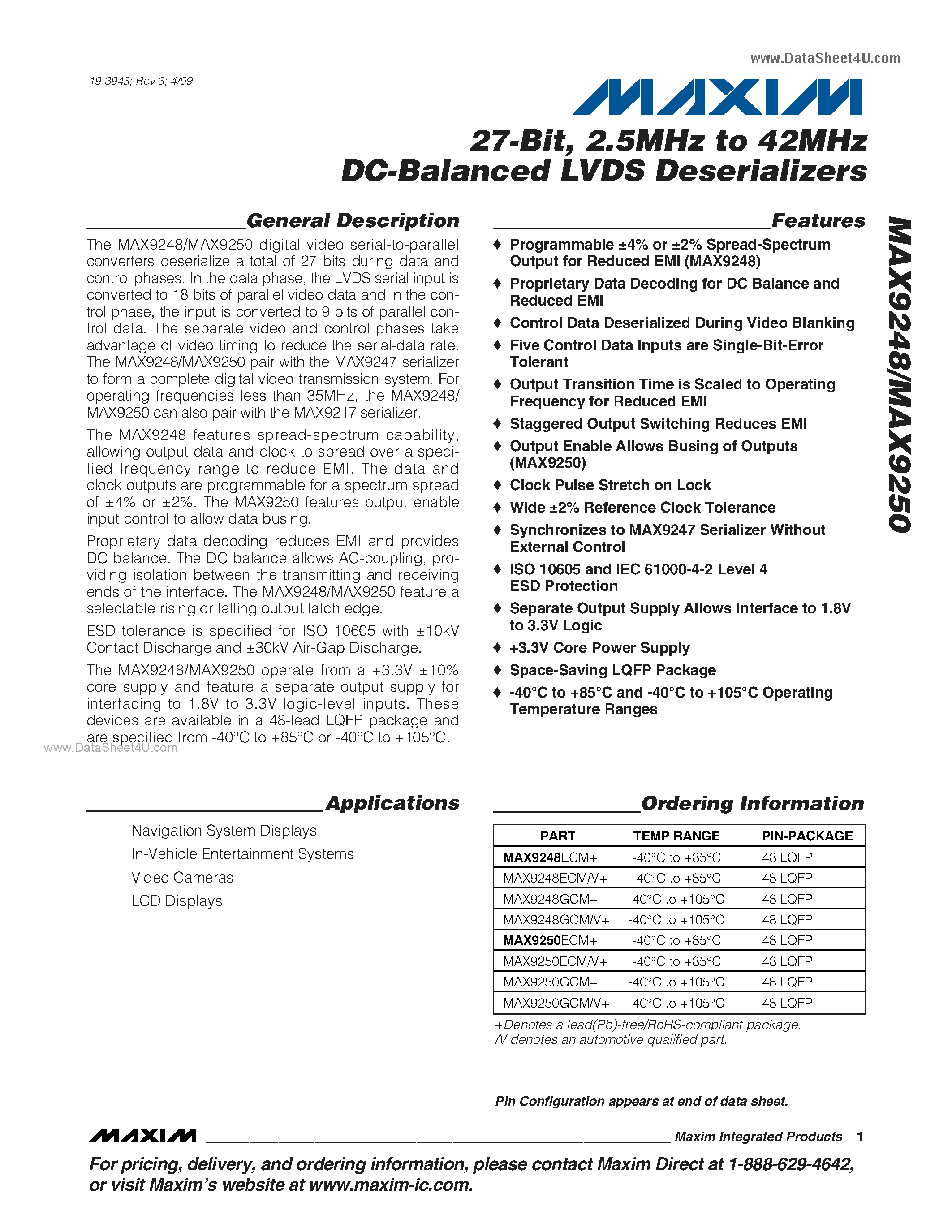Datasheet MAX9248 - (MAX9248 - MAX9250) 2.5MHz to 42MHz DC-Balanced LVDS Deserializers page 1