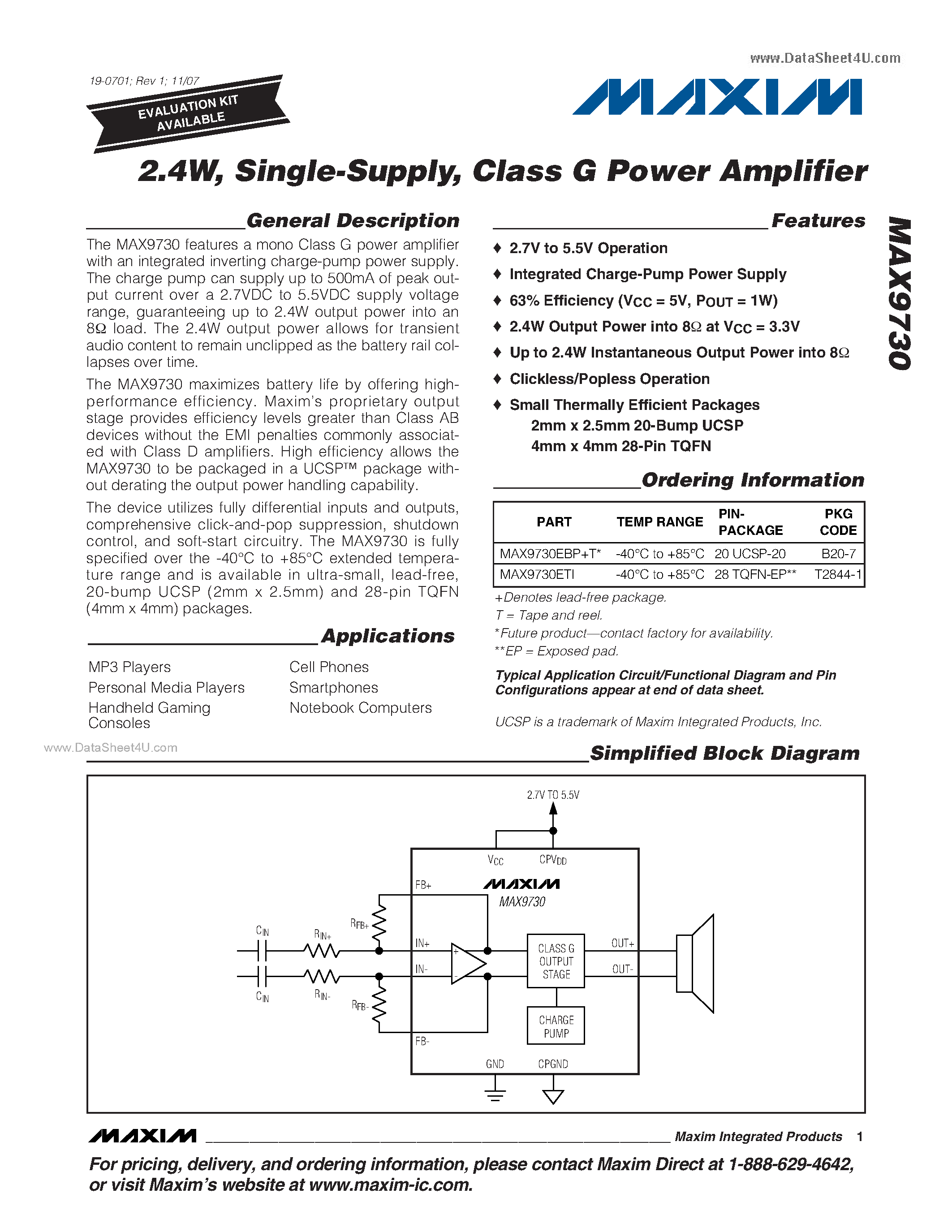 Datasheet MAX9730 page 1 Datasheet MAX9730 - Class G Power Amplifier page 1