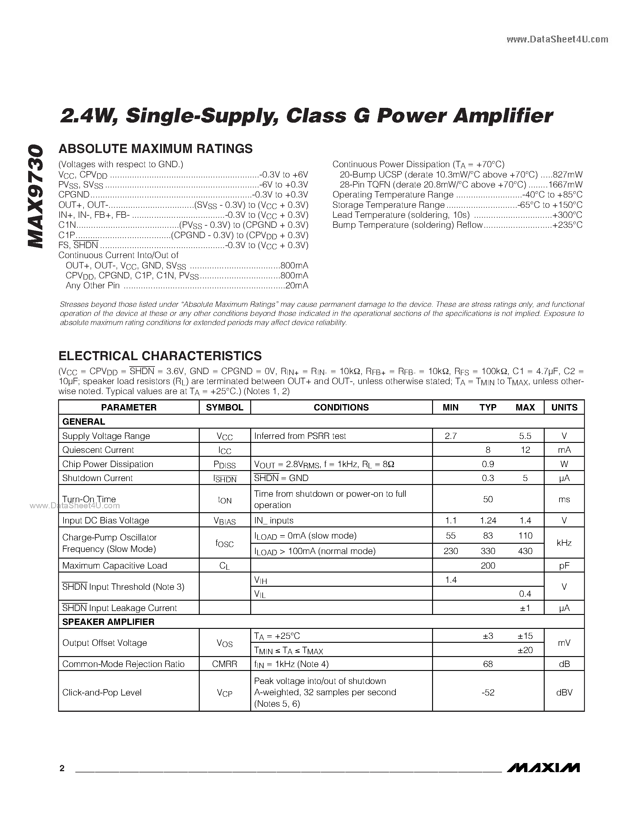 Datasheet MAX9730 page 2 Datasheet MAX9730 - Class G Power Amplifier page 2