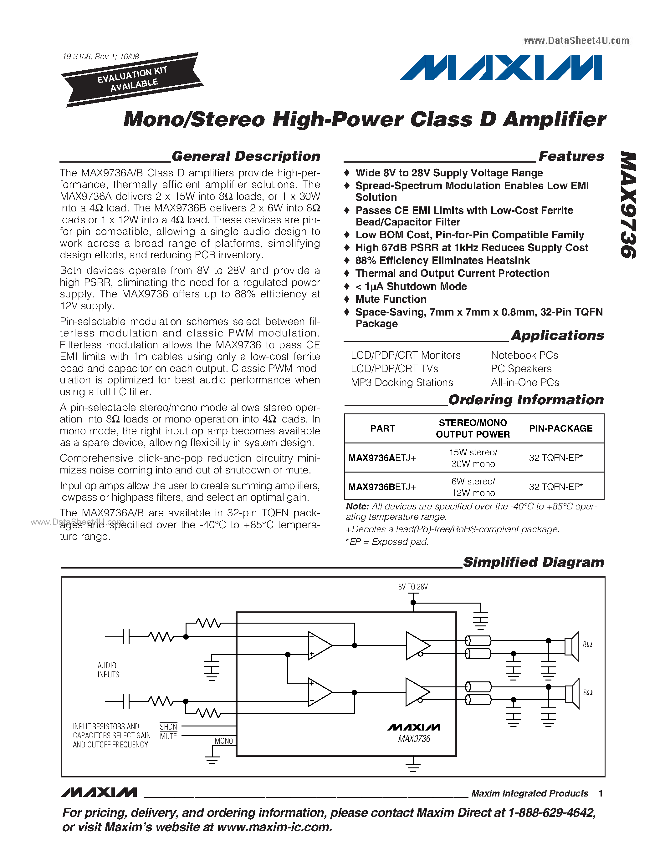 Даташит на микросхему MAX9736 страница 1 Даташит MAX9736 - Mono/Stereo High-Power Class D Amplifier страница 1
