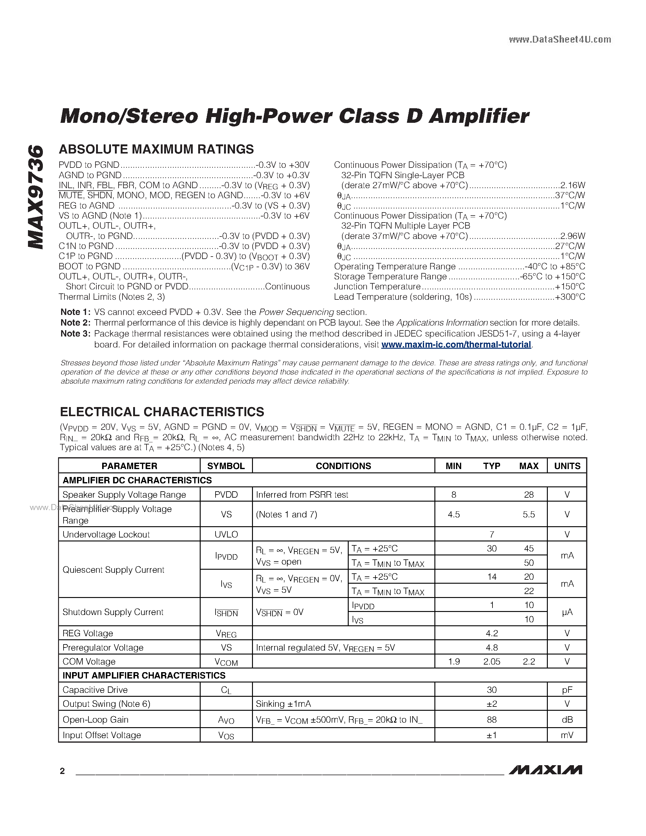 Даташит на микросхему MAX9736 страница 2 Даташит MAX9736 - Mono/Stereo High-Power Class D Amplifier страница 2