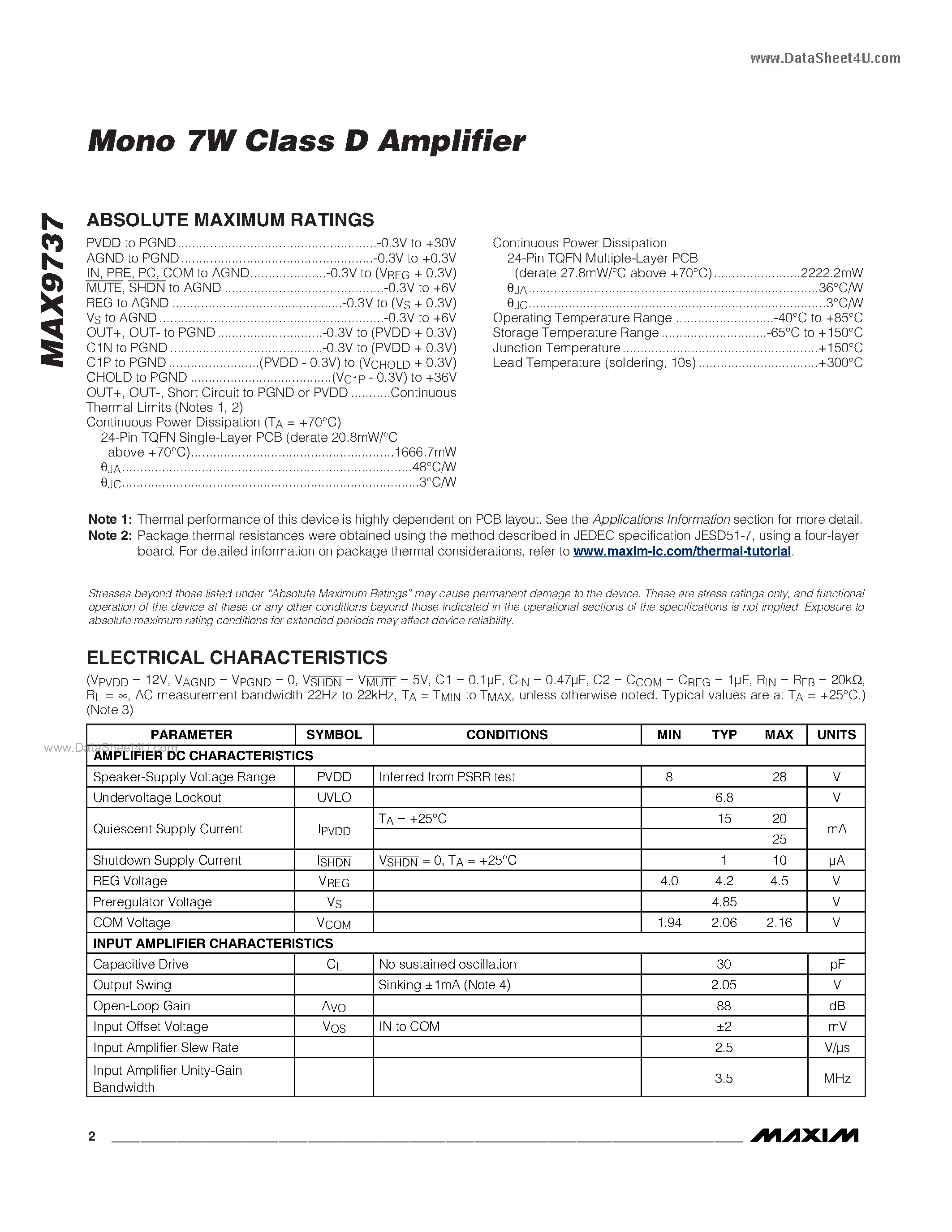 Даташит на микросхему MAX9737 страница 2 Даташит MAX9737 - Mono 7W Class D Amplifier страница 2