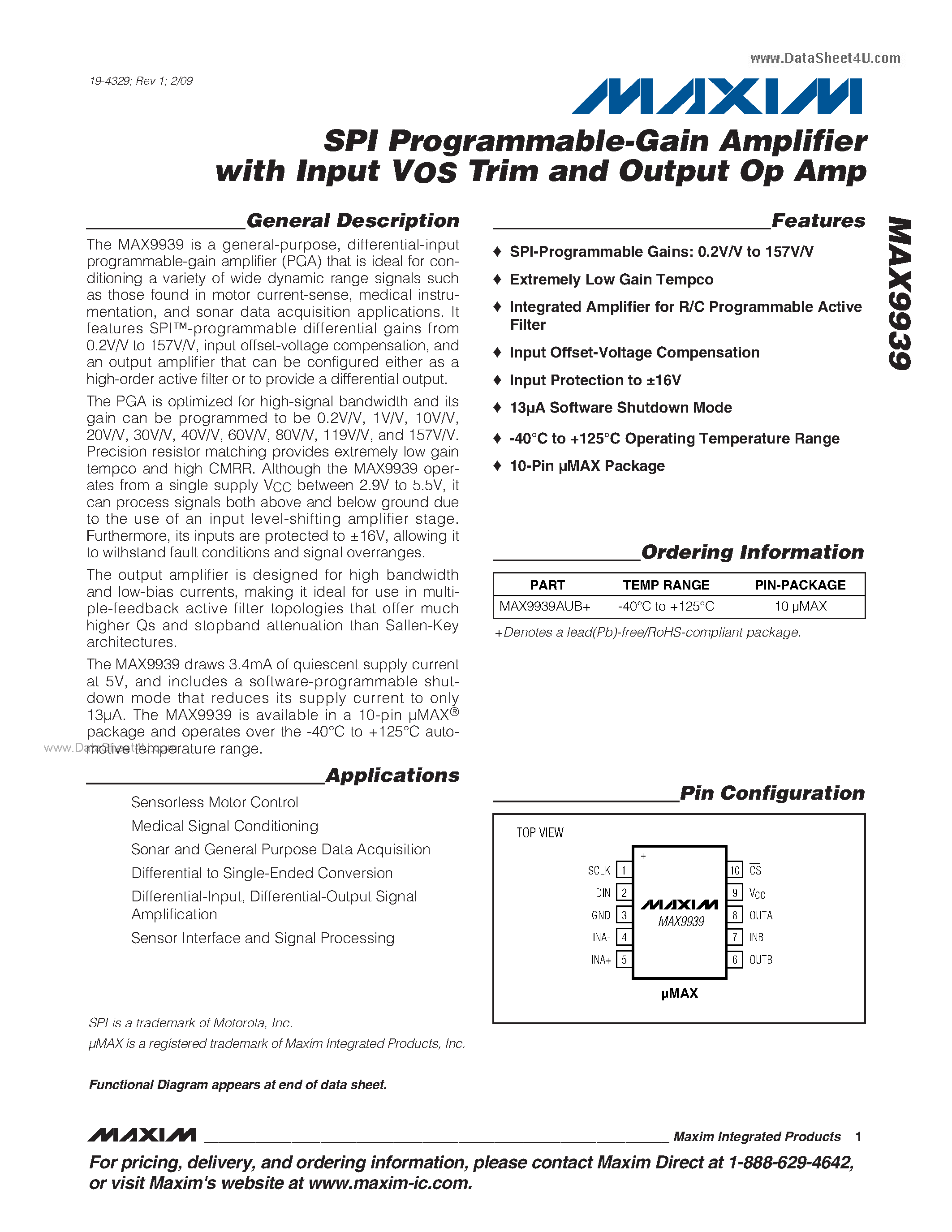 Datasheet MAX9939 - SPI Programmable-Gain Amplifier page 1