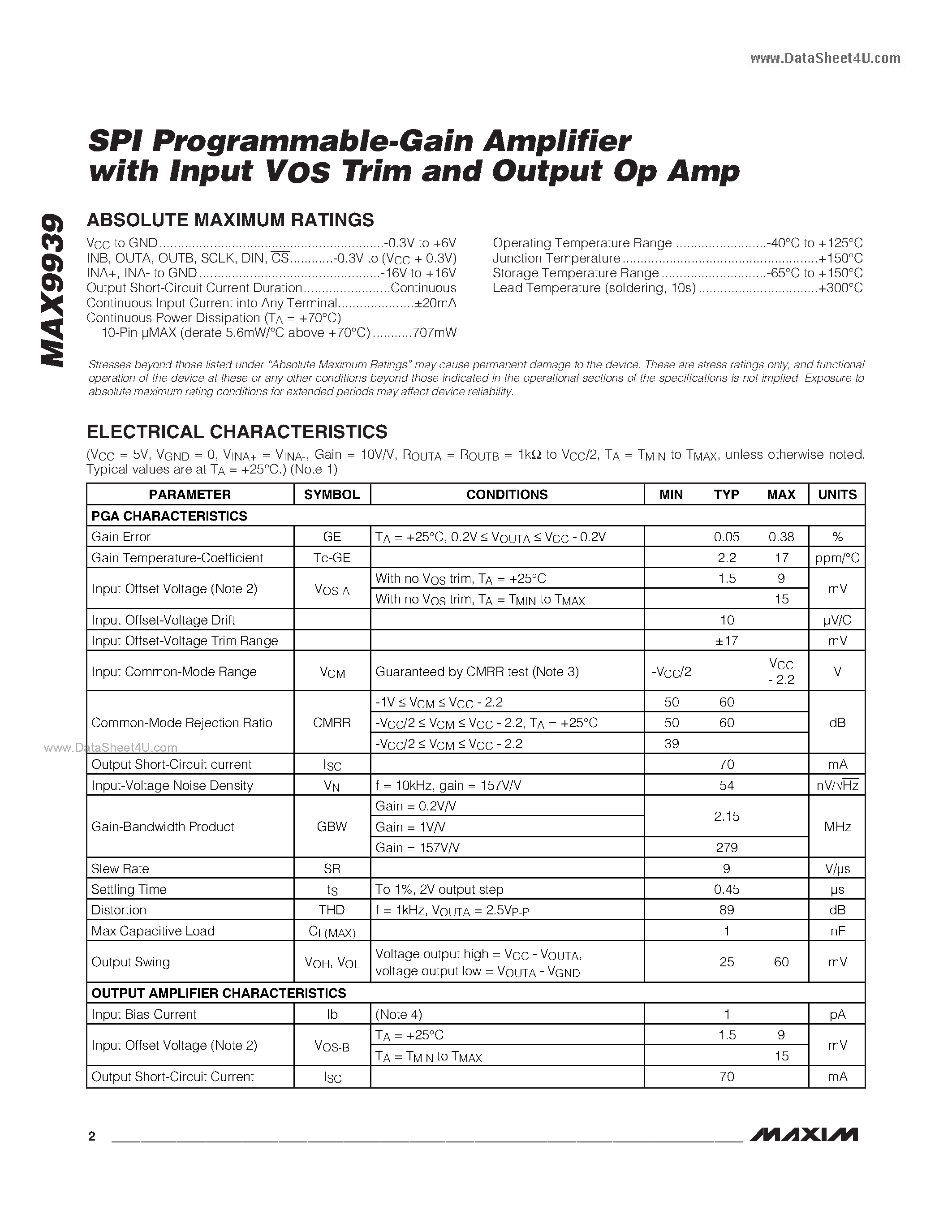 Datasheet MAX9939 - SPI Programmable-Gain Amplifier page 2
