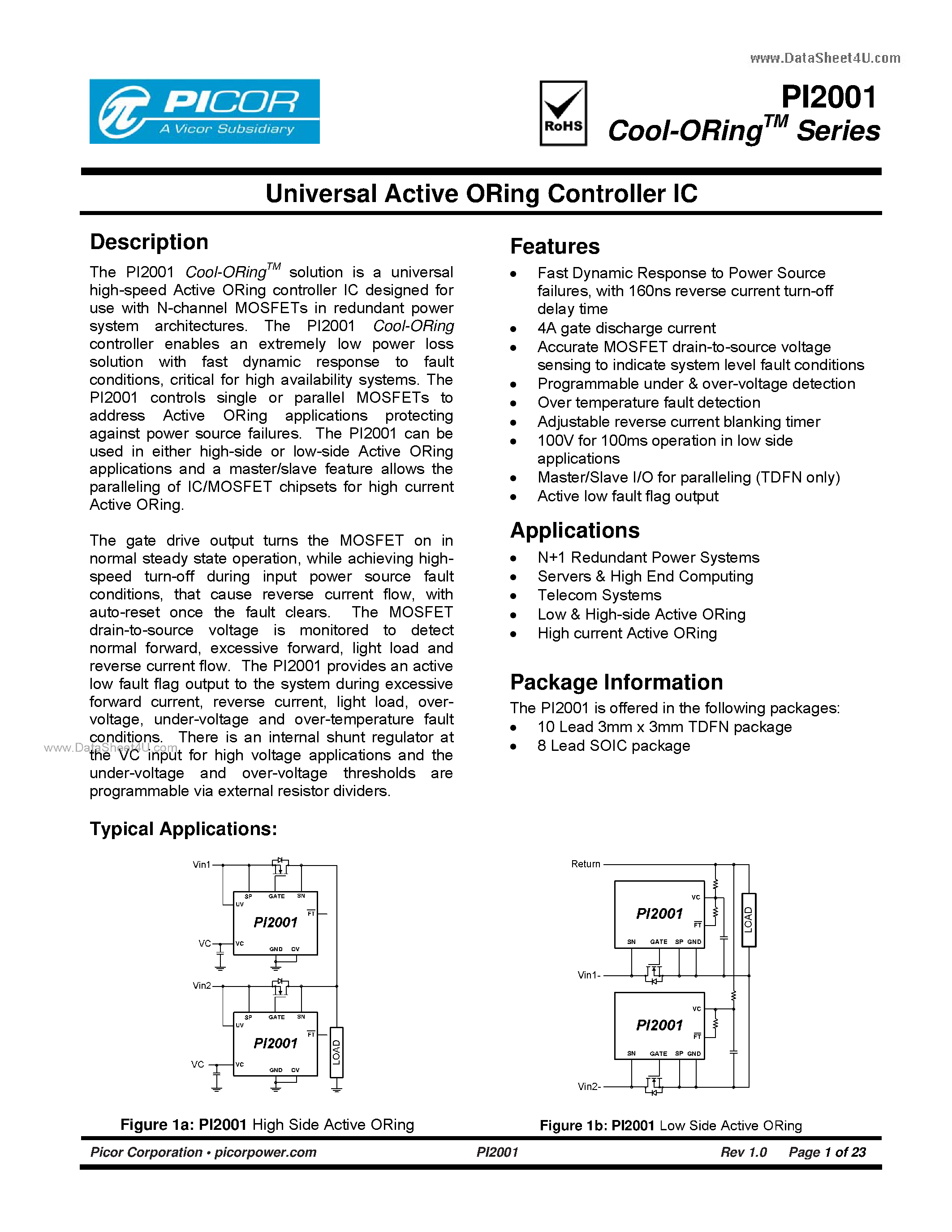 Даташит PI2001 - Universal Active ORing Controller IC страница 1