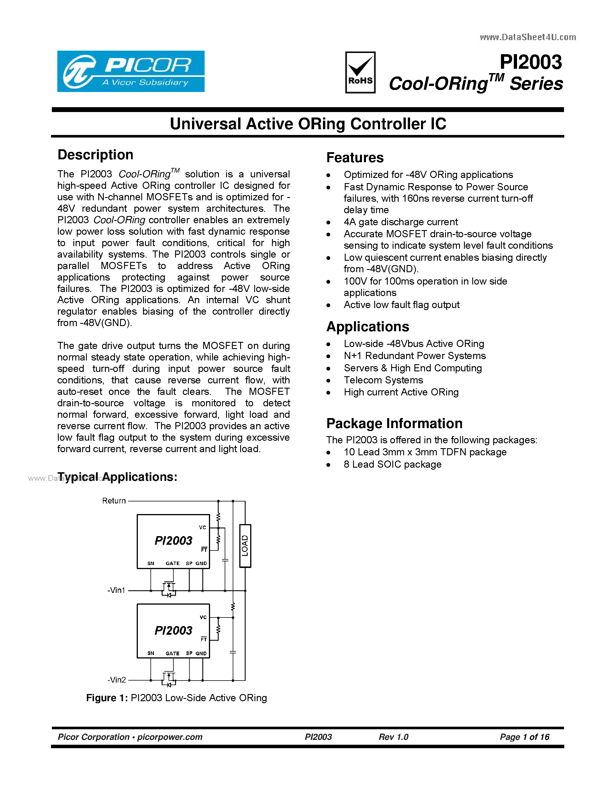 Даташит PI2003 - Universal Active ORing Controller IC страница 1