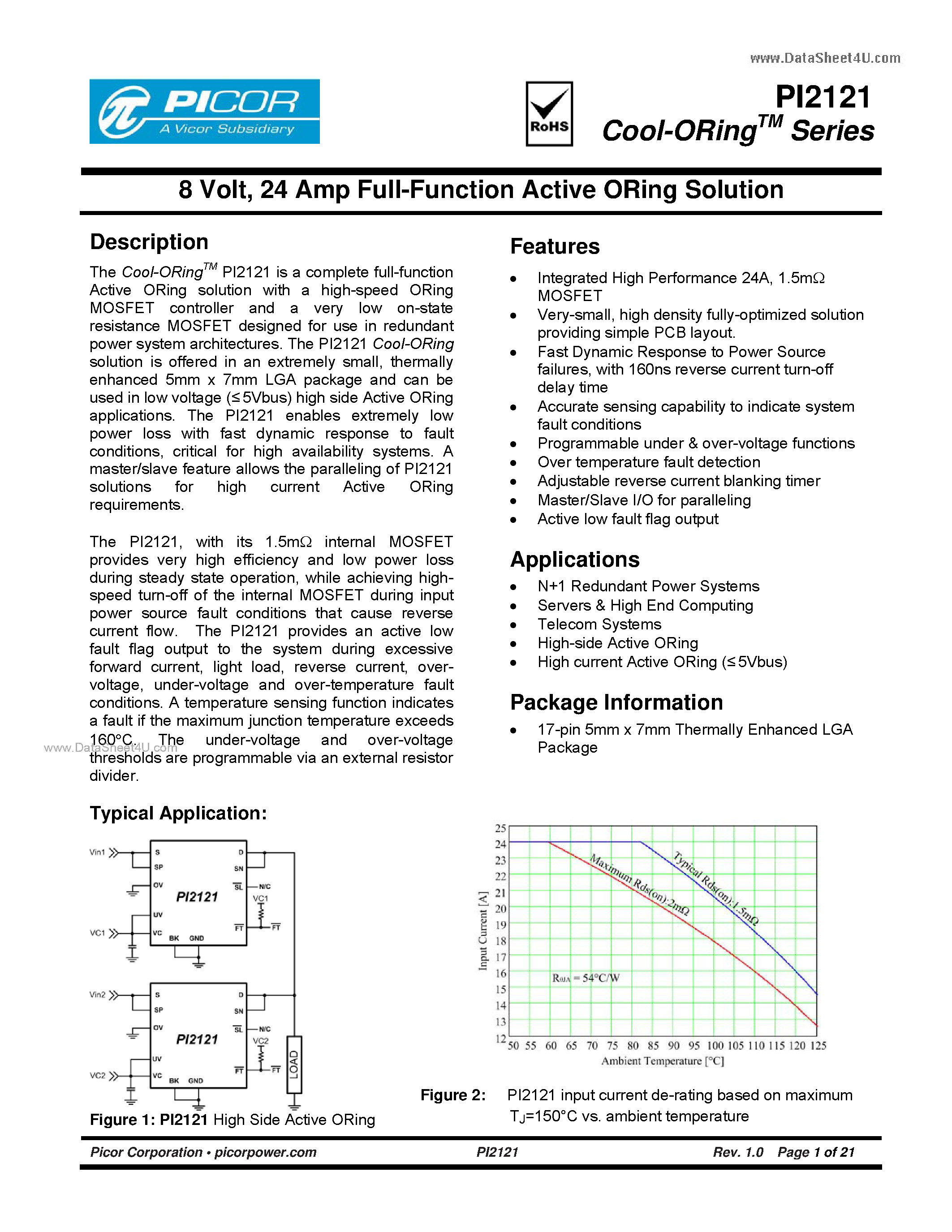 Даташит PI2121 - 24 Amp Full-Function Active ORing Solution страница 1