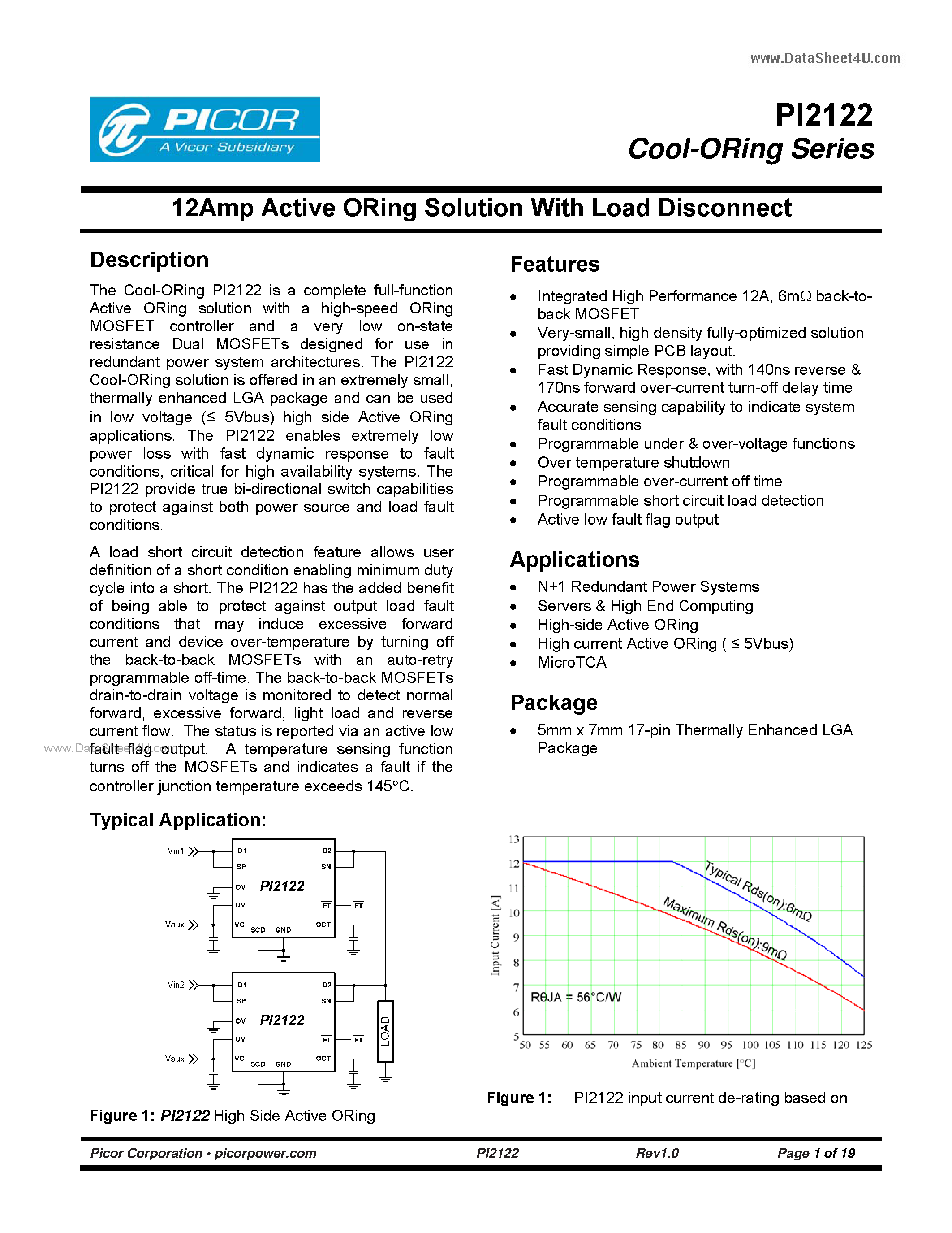 Даташит PI2122 - 12Amp Active ORing Solution страница 1