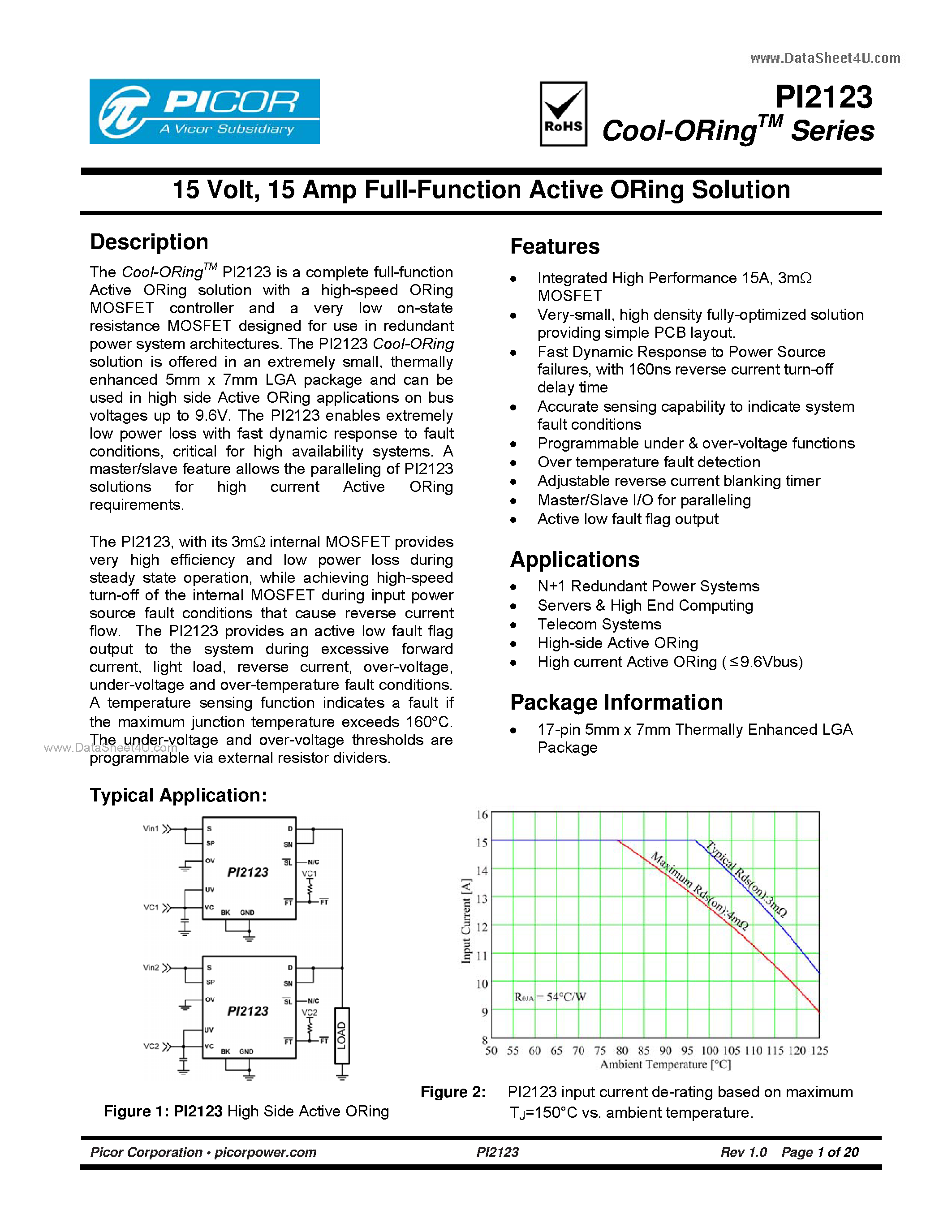 Даташит PI2123 - 15 Amp Full-Function Active ORing Solution страница 1