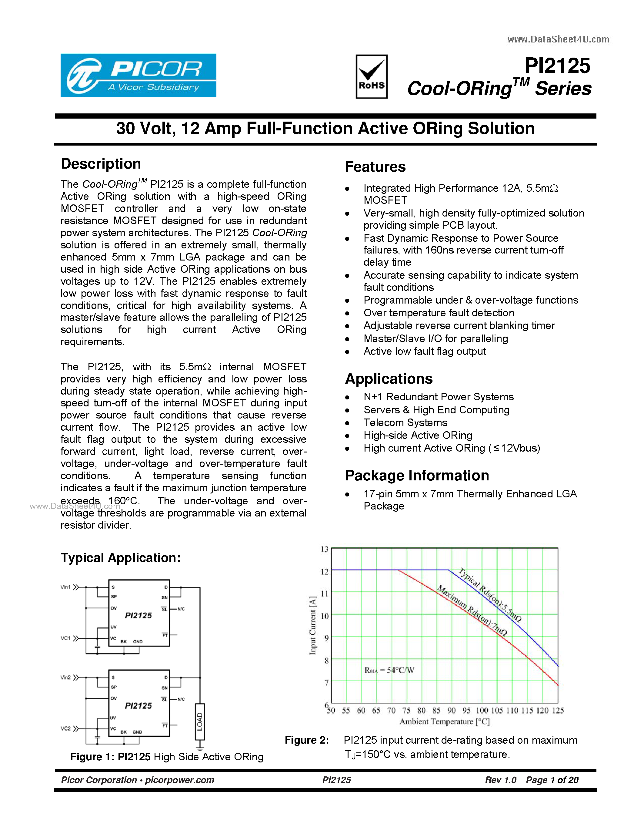 Даташит PI2125 - 12 Amp Full-Function Active ORing Solution страница 1