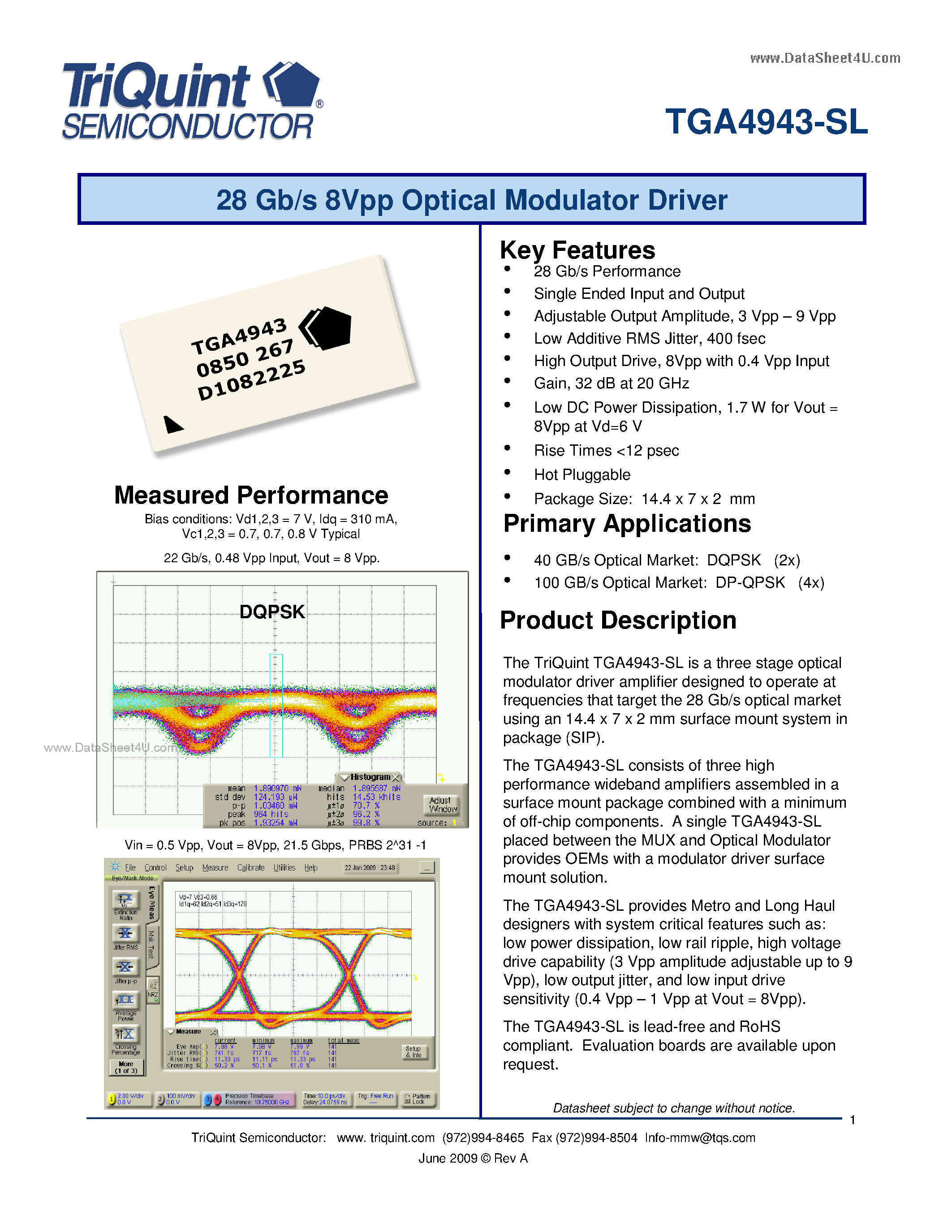 Datasheet TGA4943-SL page 1 Datasheet TGA4943-SL - 28 Gb/s 8Vpp Optical Modulator Driver page 1