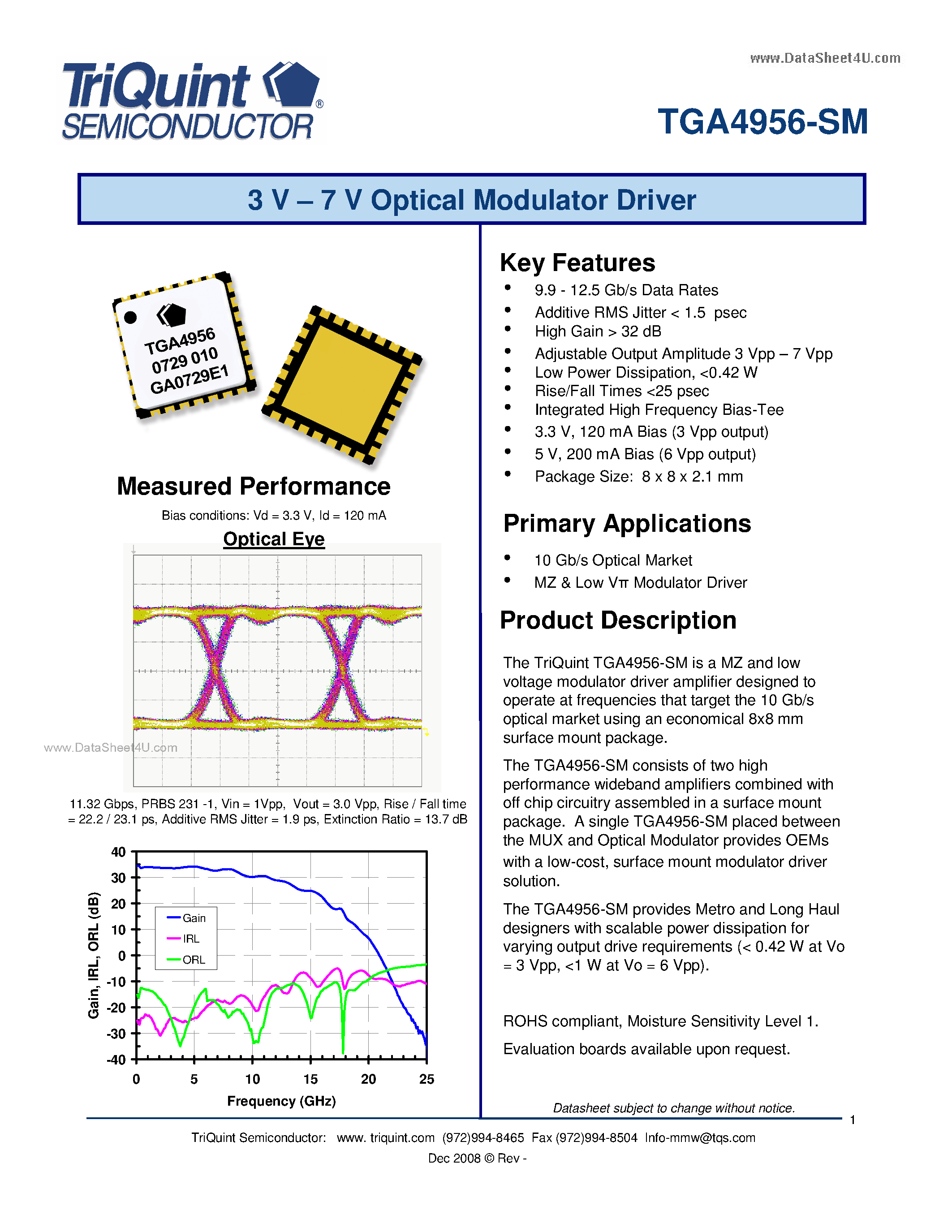 Datasheet TGA4956-SM - 3 V - 7 V Optical Modulator Driver page 1