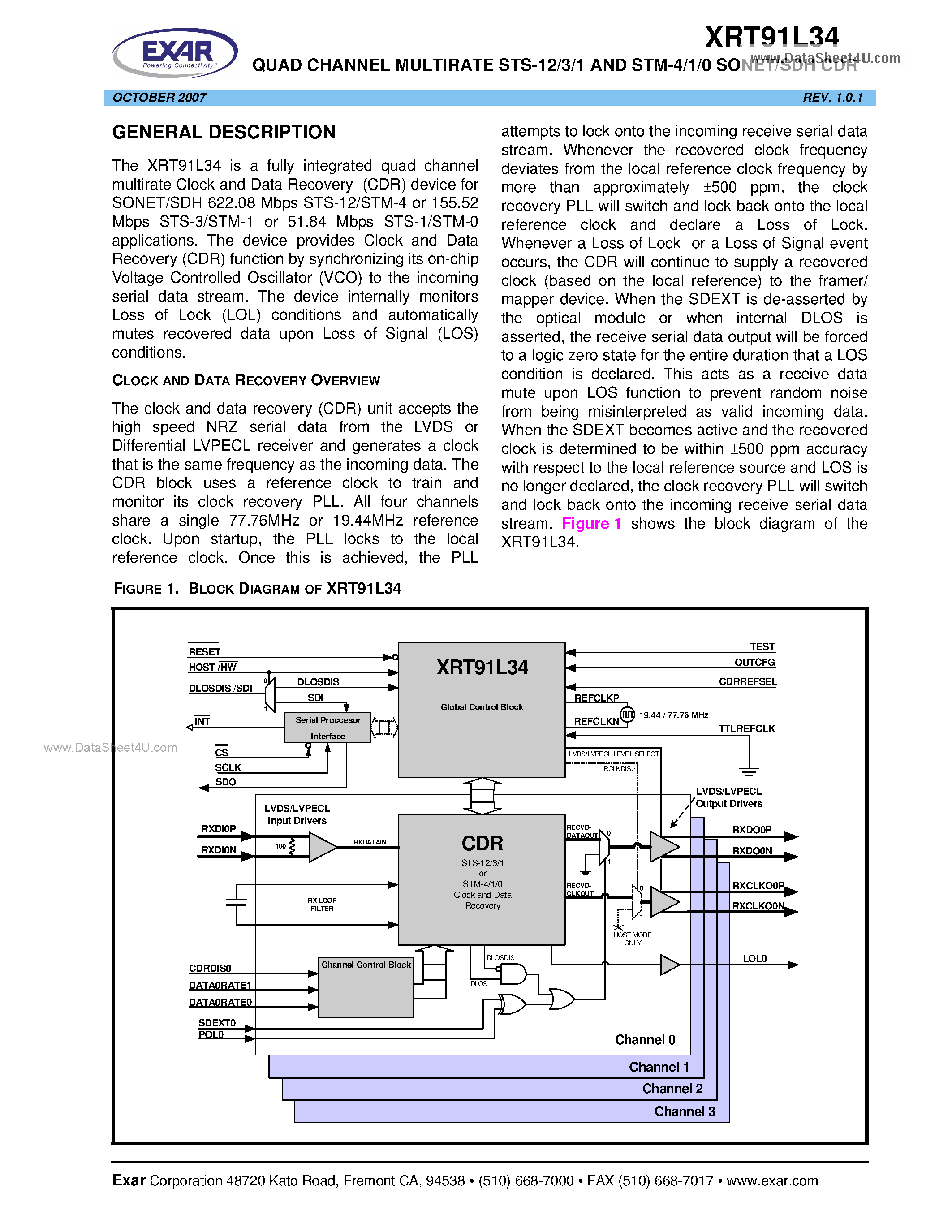 Datasheet XRT91L34 page 1 Datasheet XRT91L34 - QUAD CHANNEL MULTIRATE STS-12/3/1 AND STM-4/1/0 SONET/SDH CDR page 1