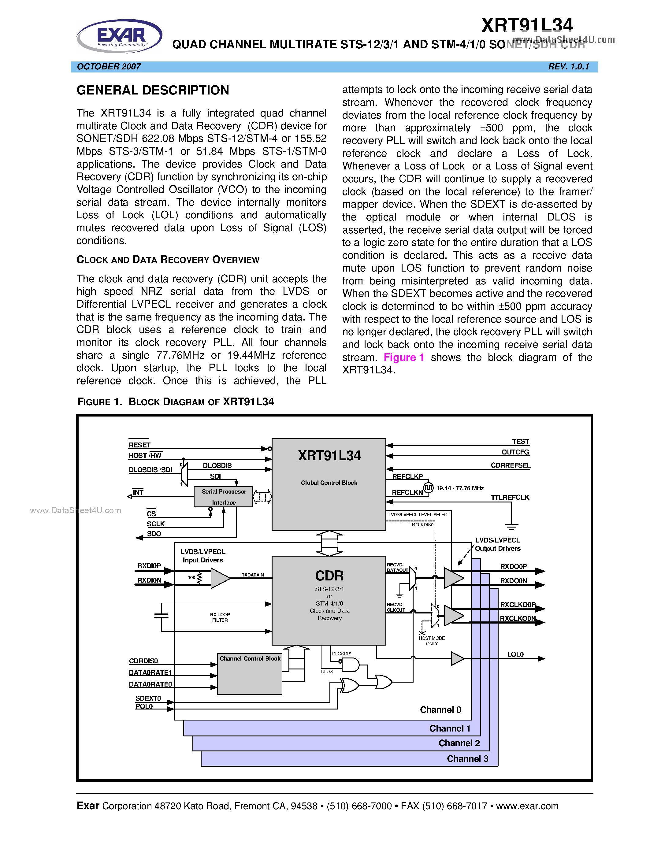 Datasheet XRT91L34 - QUAD CHANNEL MULTIRATE STS-12/3/1 AND STM-4/1/0 SONET/SDH CDR page 1