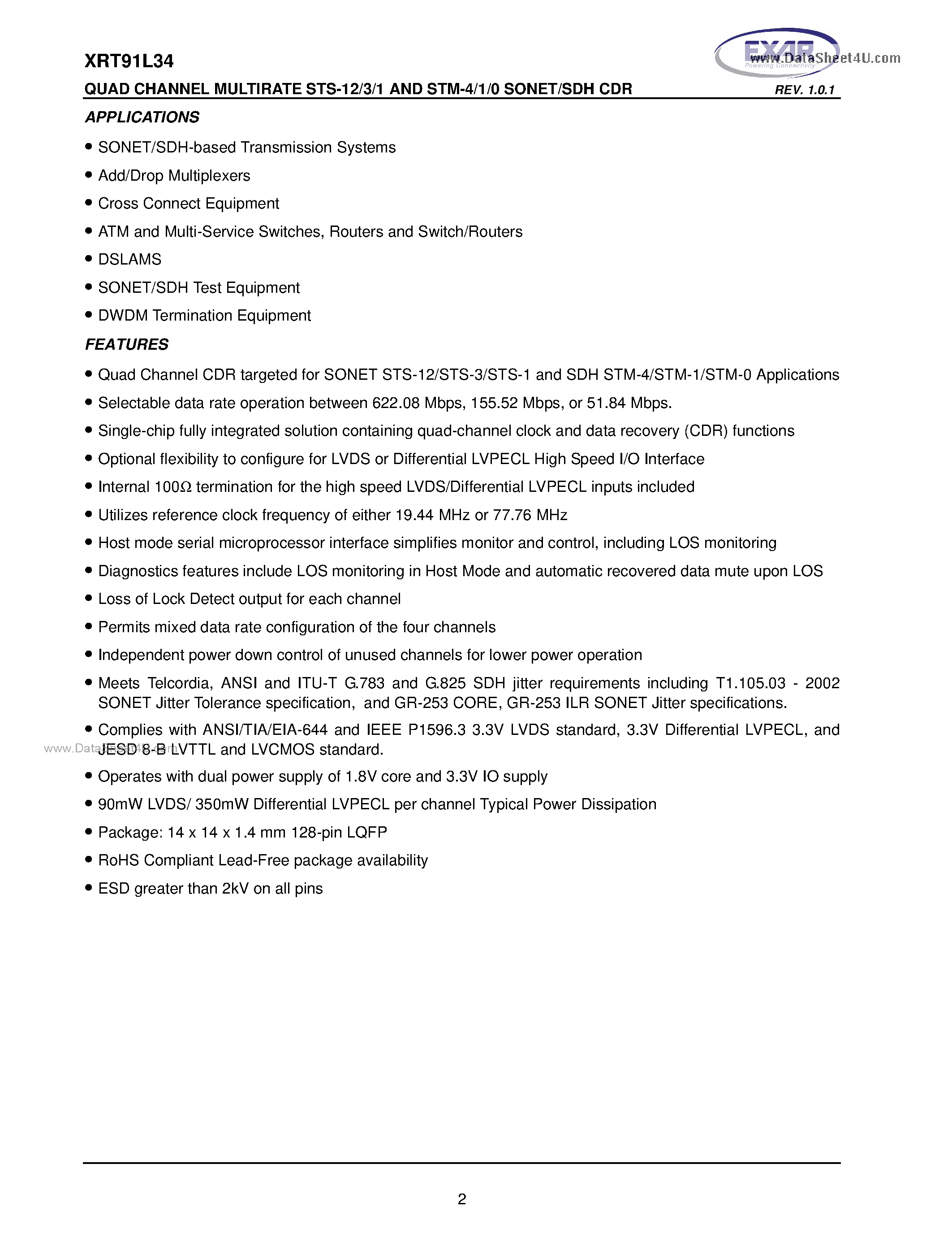 Datasheet XRT91L34 page 2 Datasheet XRT91L34 - QUAD CHANNEL MULTIRATE STS-12/3/1 AND STM-4/1/0 SONET/SDH CDR page 2