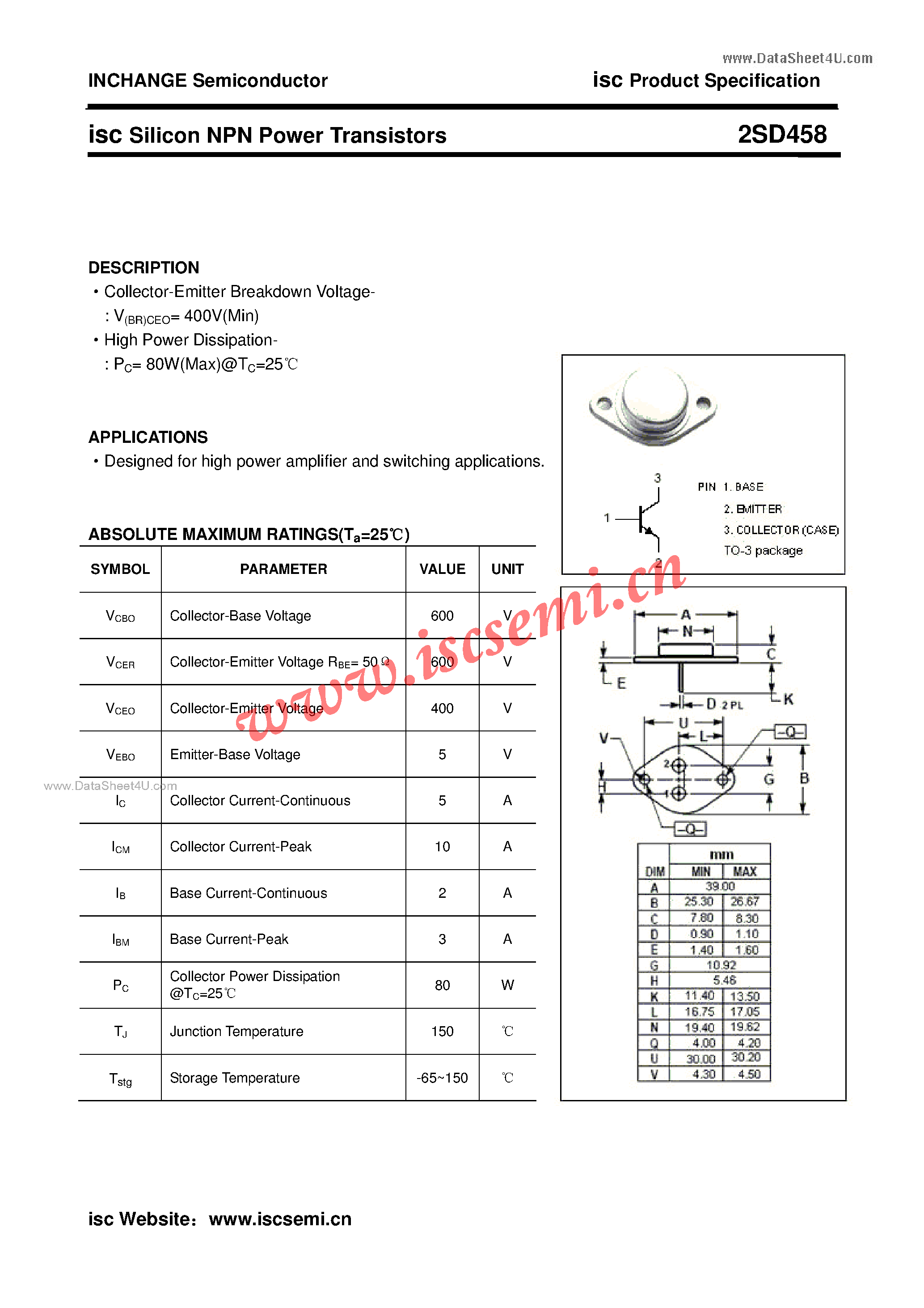 Даташит 2SD458 - Silicon NPN Power Transistors страница 1