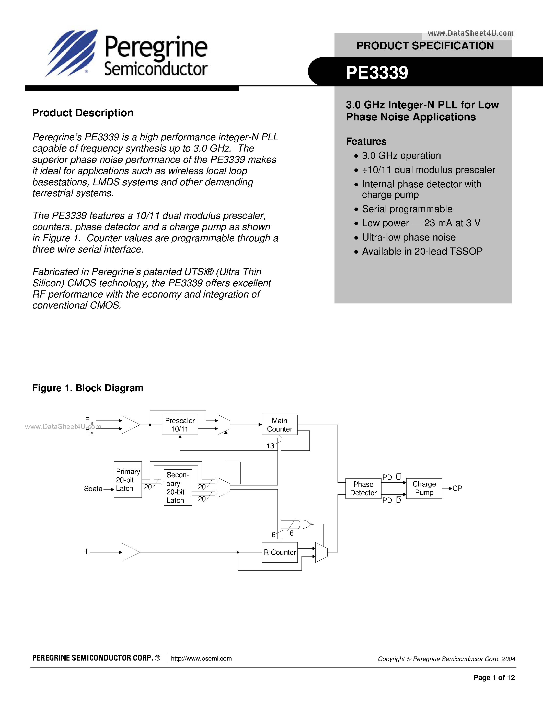 Datasheet PE3339 - Integer-N PLL page 1
