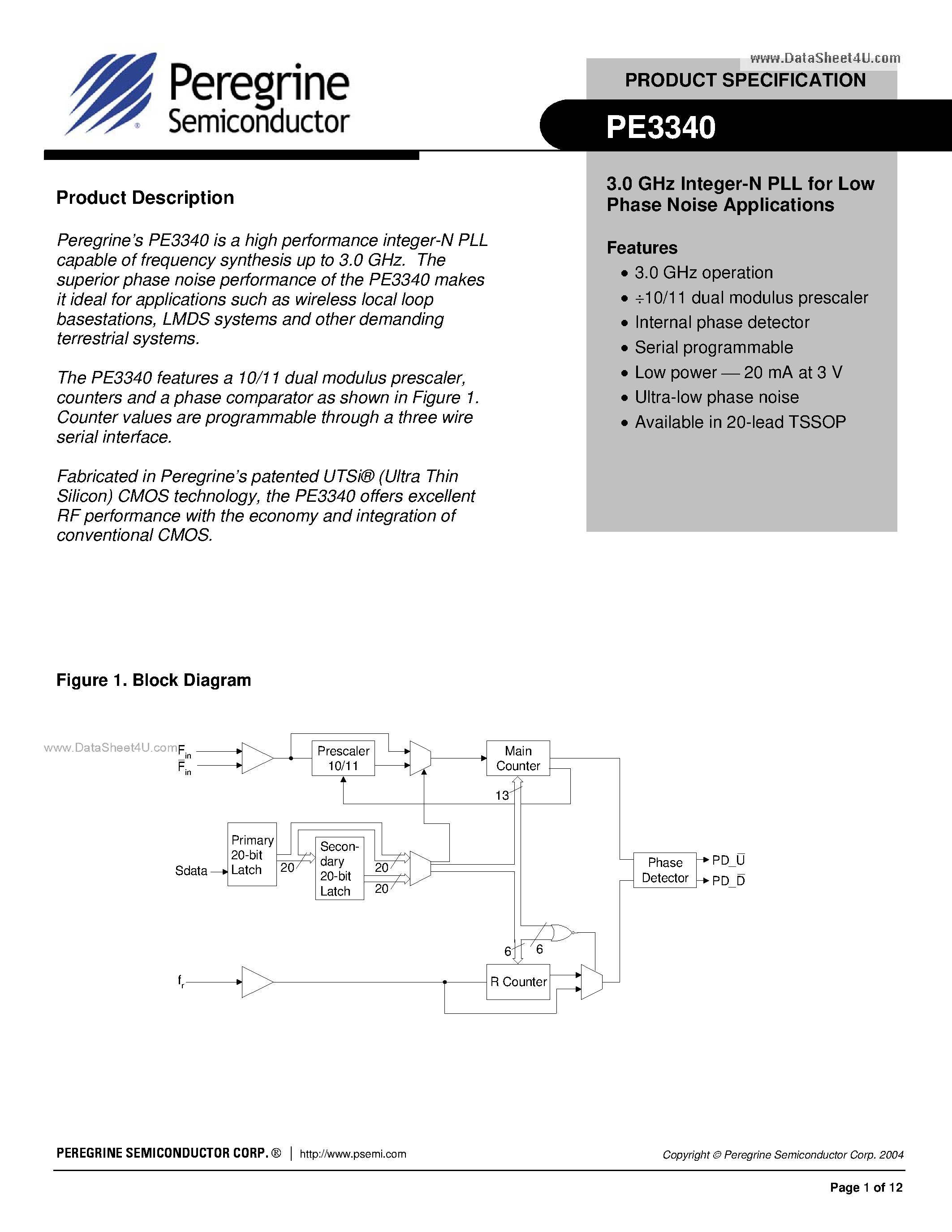 Datasheet PE3340 - Integer-N PLL page 1