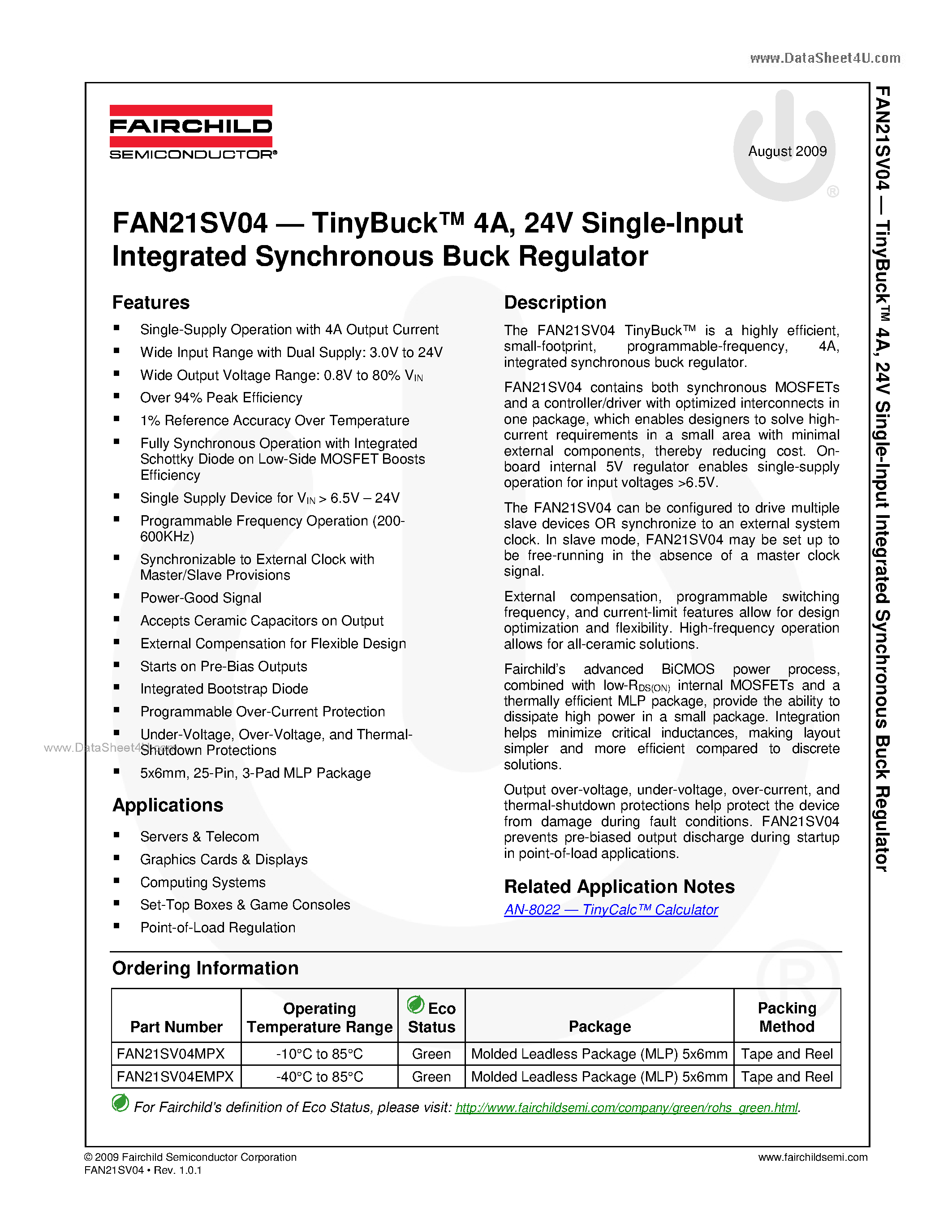 Datasheet FAN21SV04 - 24V Single-Input Integrated Synchronous Buck Regulator page 1