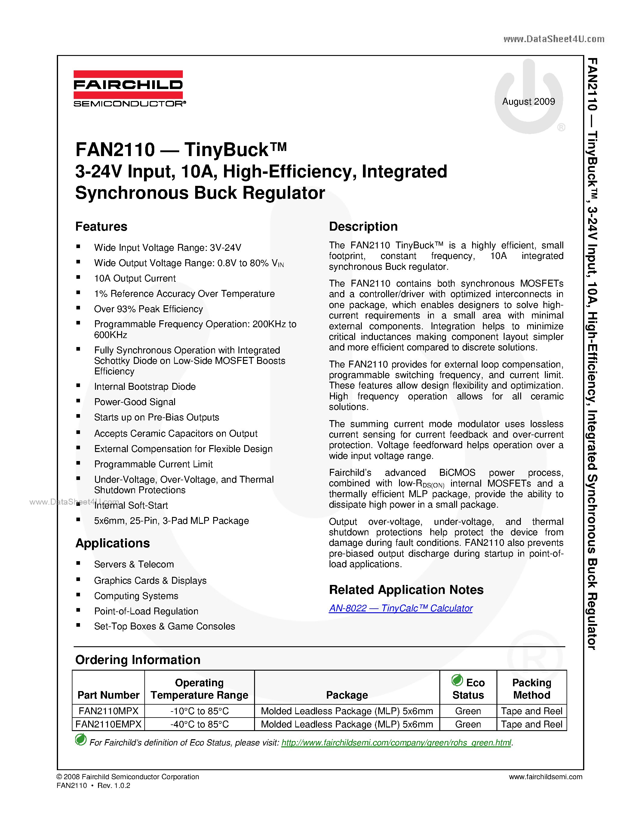 Datasheet FAN2110 page 1 Datasheet FAN2110 - Integrated Synchronous Buck Regulator page 1