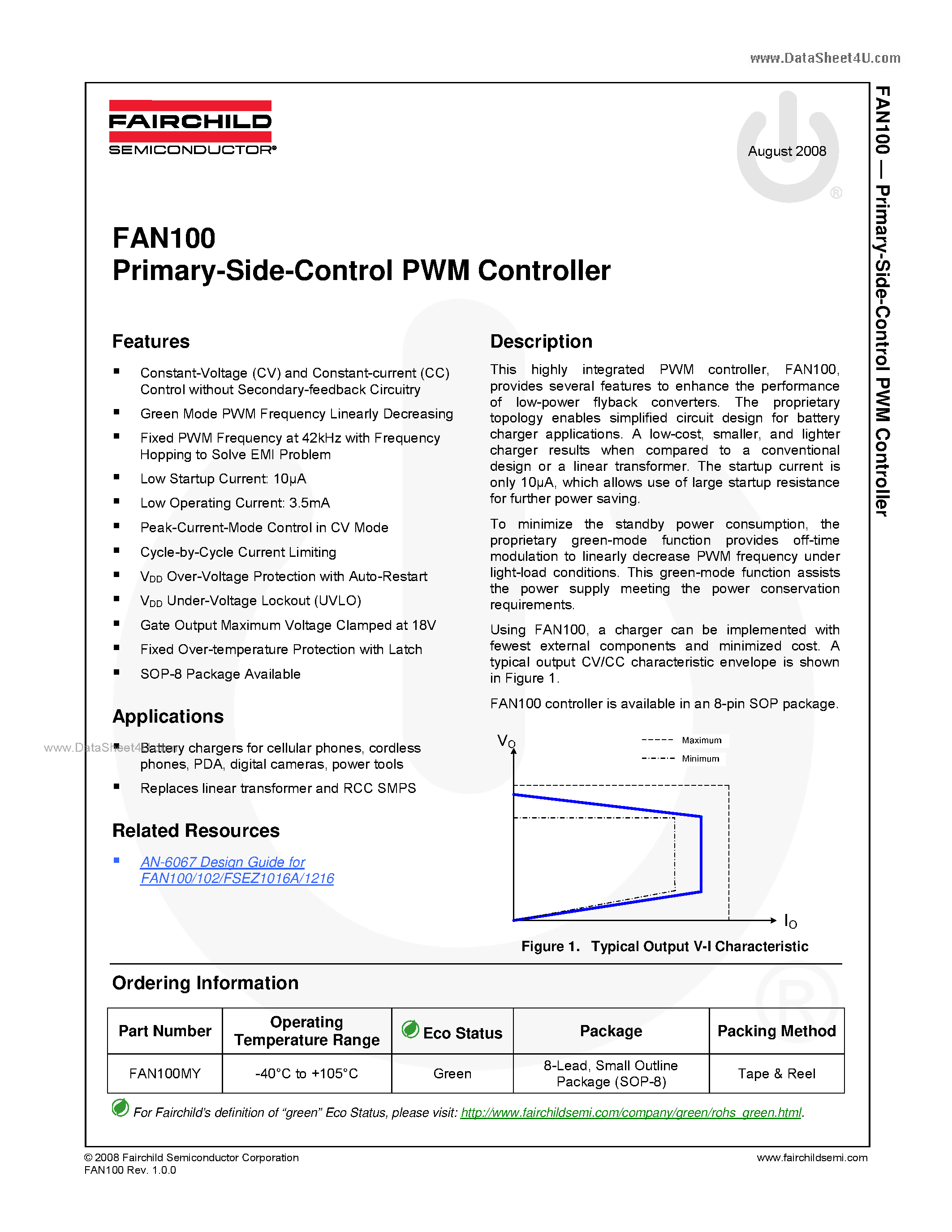 Даташит на микросхему FAN100 страница 1 Даташит FAN100 - Primary-Side-Control PWM Controller страница 1