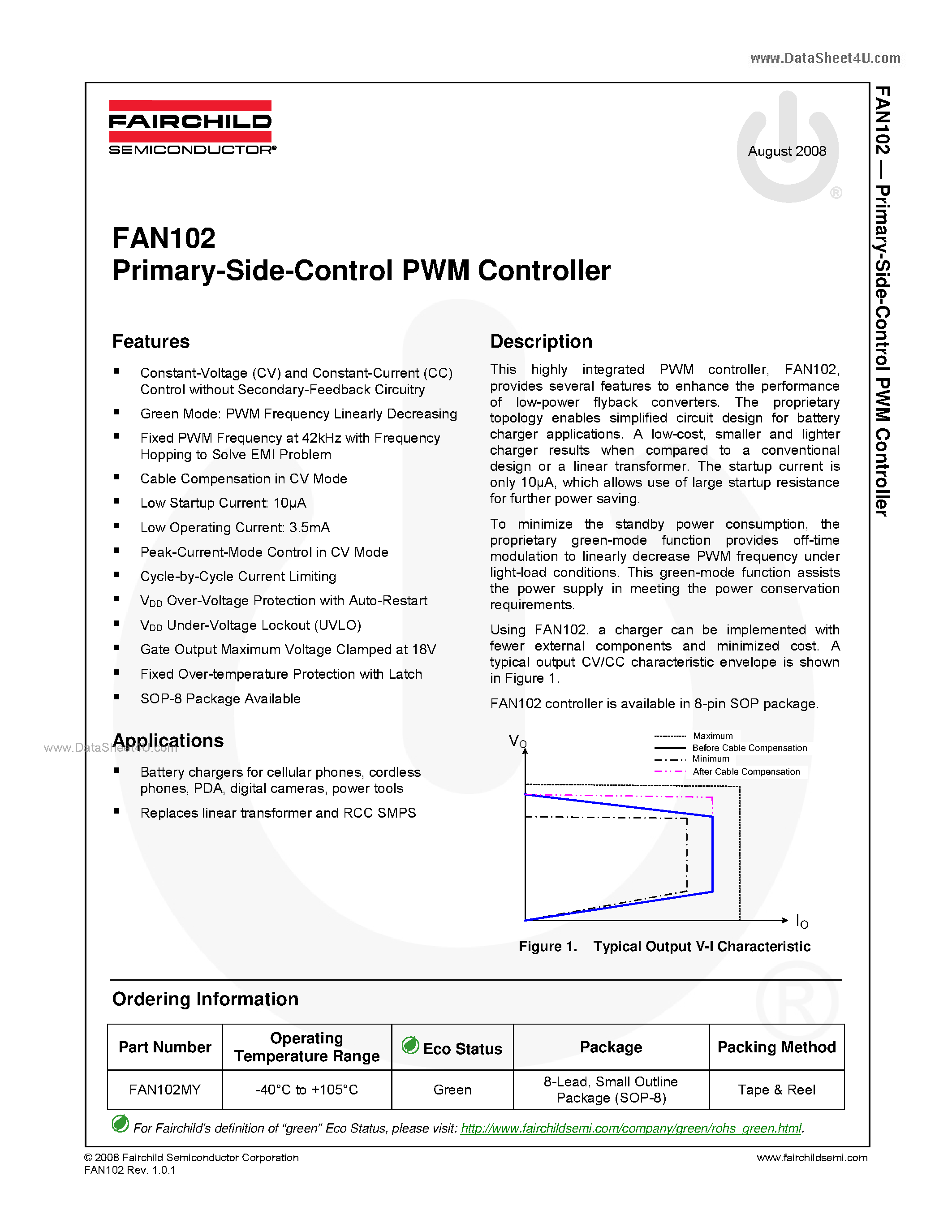 Даташит на микросхему FAN102 страница 1 Даташит FAN102 - Primary-Side-Control PWM Controller страница 1