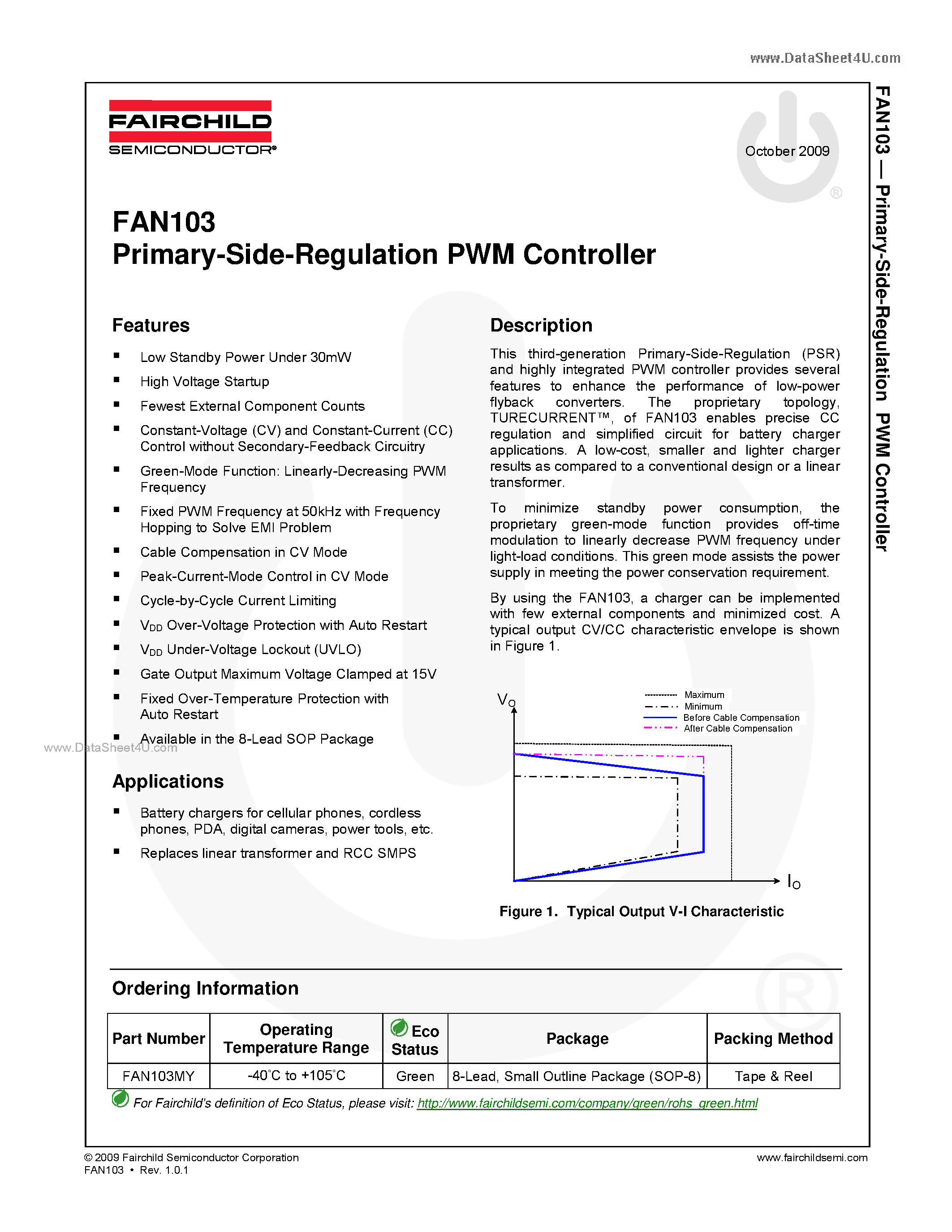 Даташит на микросхему FAN103 страница 1 Даташит FAN103 - Primary-Side-Regulation PWM Controller страница 1