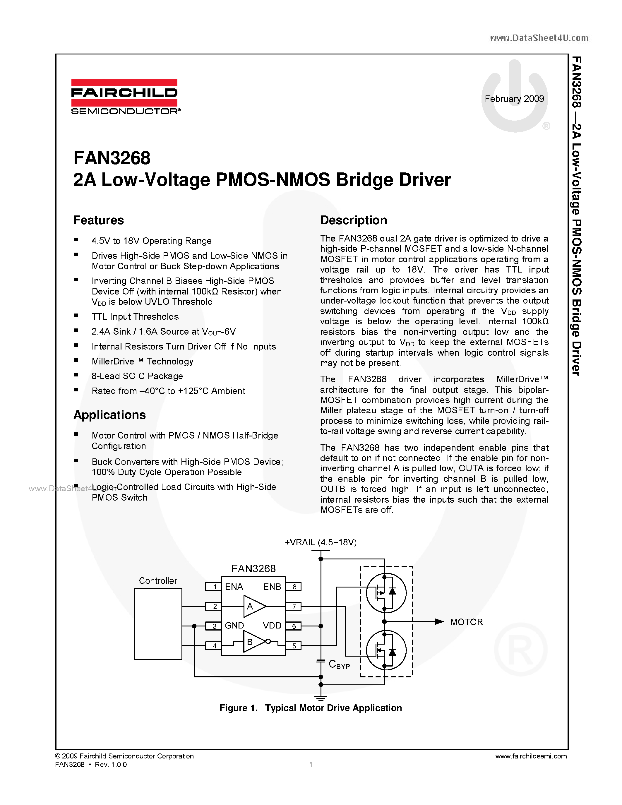 Datasheet FAN3268 - 2A Low-Voltage PMOS-NMOS Bridge Driver page 1