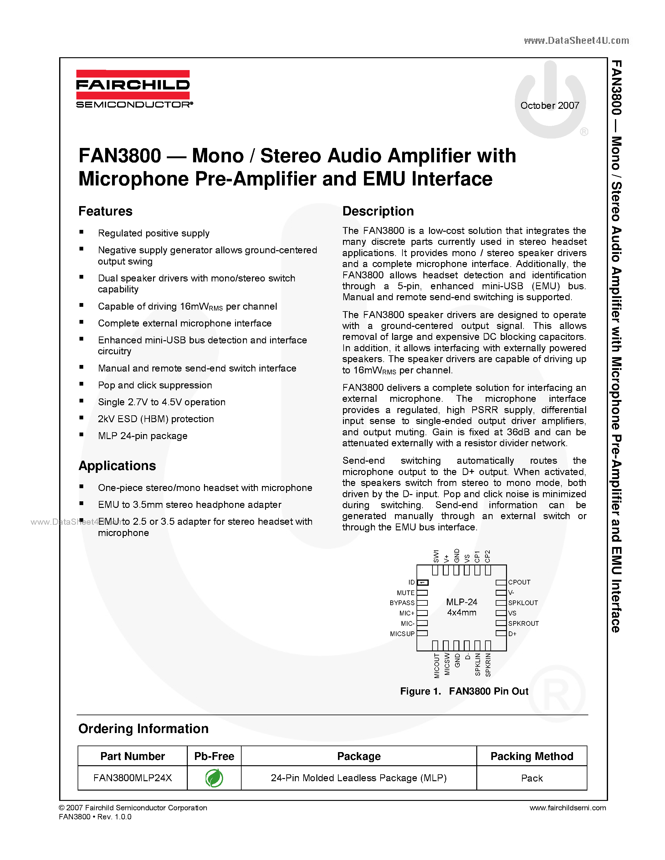 Datasheet FAN3800 page 1 Datasheet FAN3800 - Mono / Stereo Audio Amplifier page 1