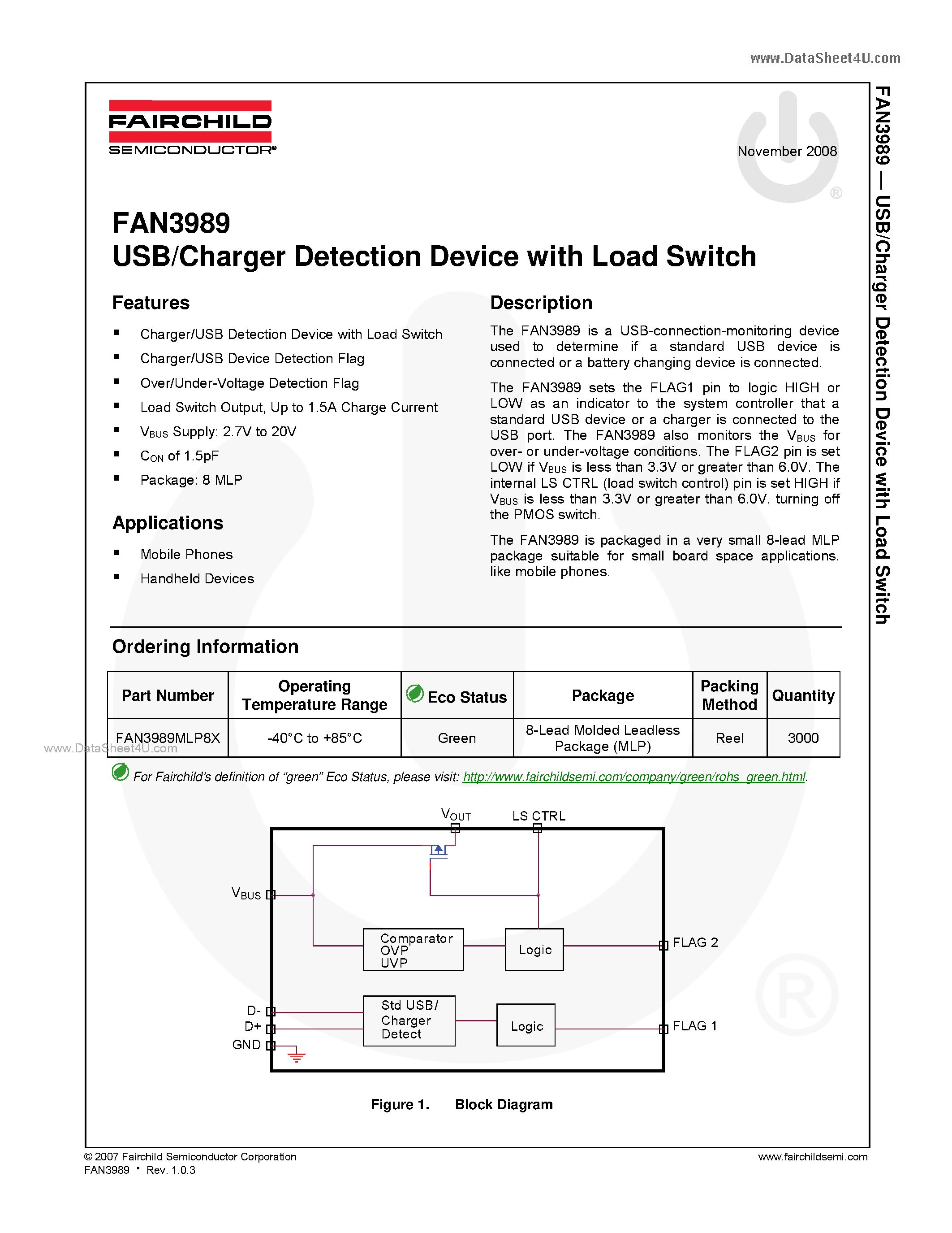 Datasheet FAN3989 page 1 Datasheet FAN3989 - USB/Charger Detection Device page 1