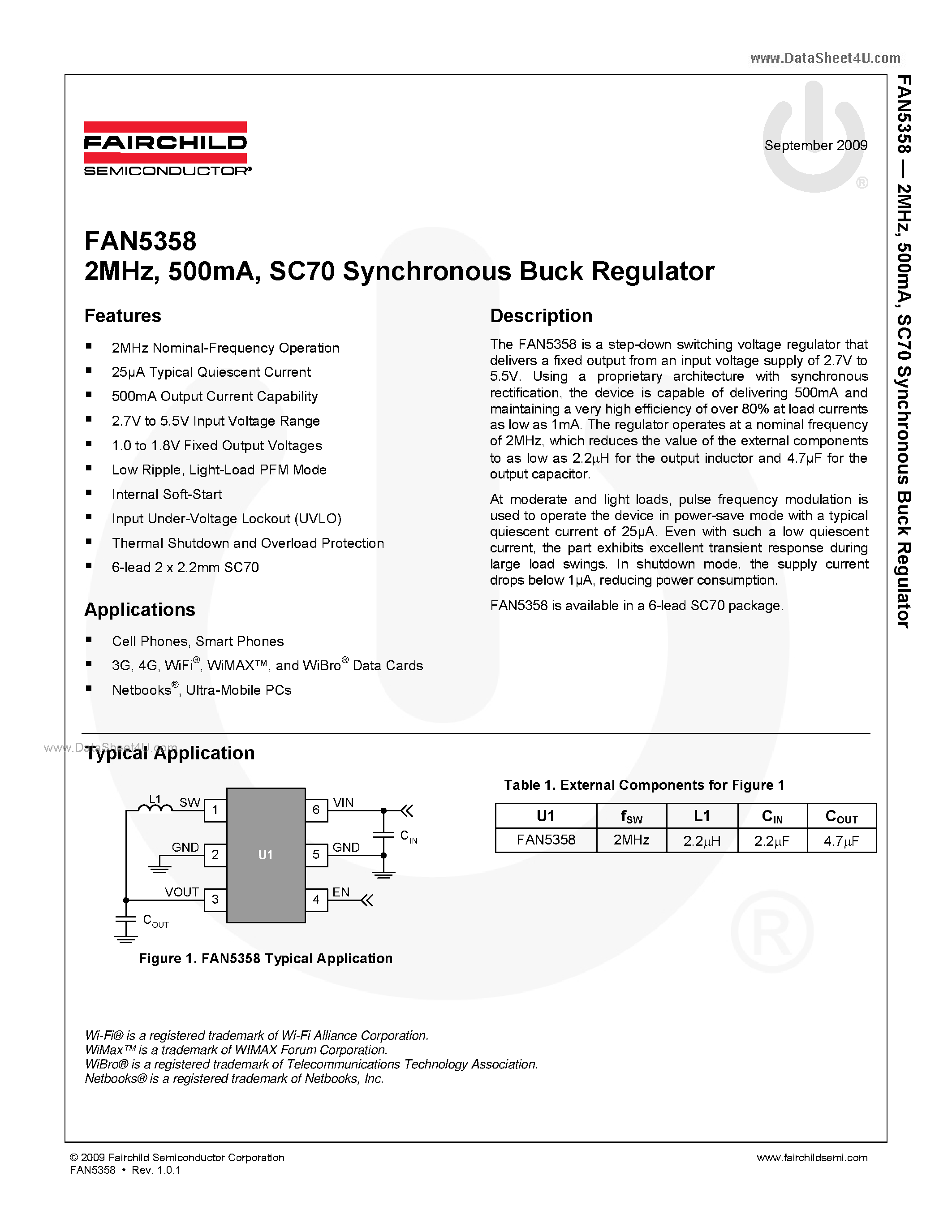 Datasheet FAN5358 - SC70 Synchronous Buck Regulator page 1