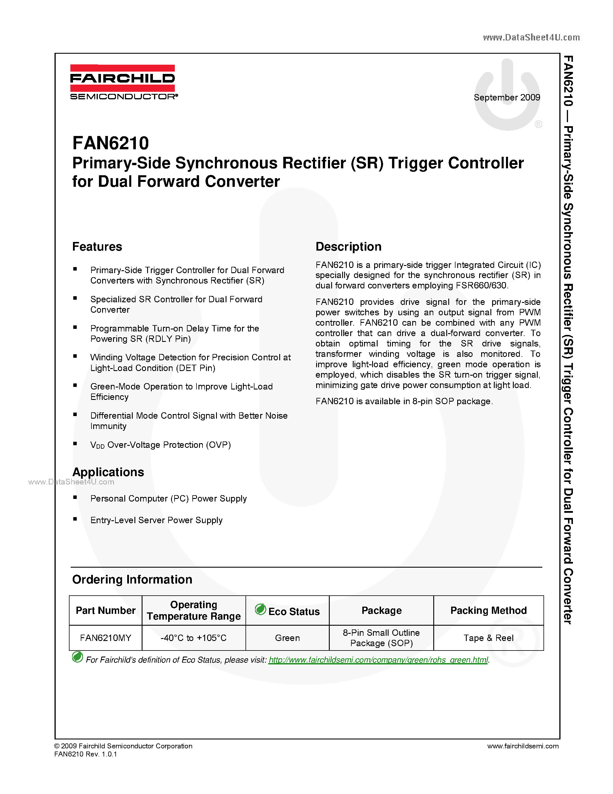 Даташит FAN6210 - Primary-Side Synchronous Rectifier (SR) Trigger Controller страница 1