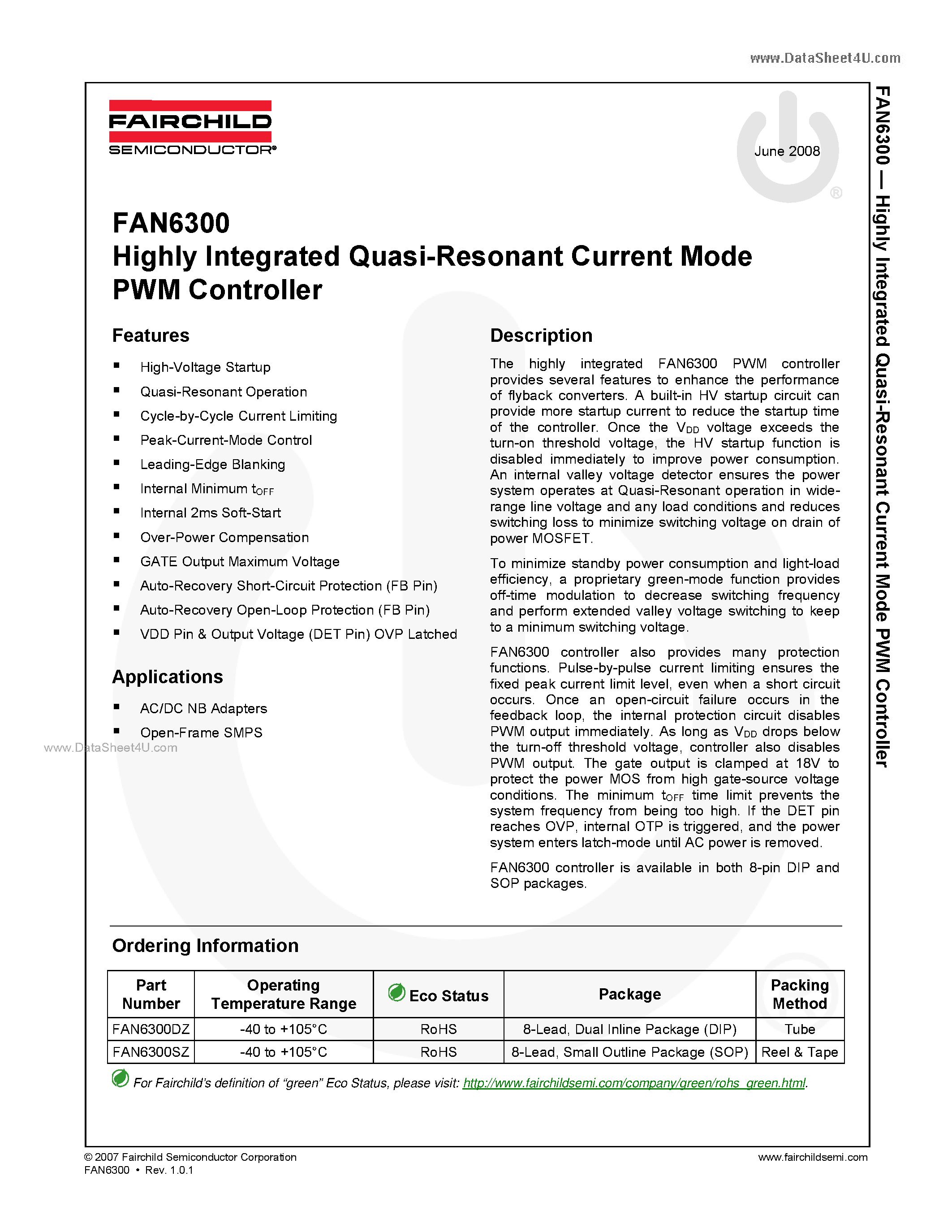 Даташит FAN6300 - Highly Integrated Quasi-Resonant Current Mode PWM Controller страница 1