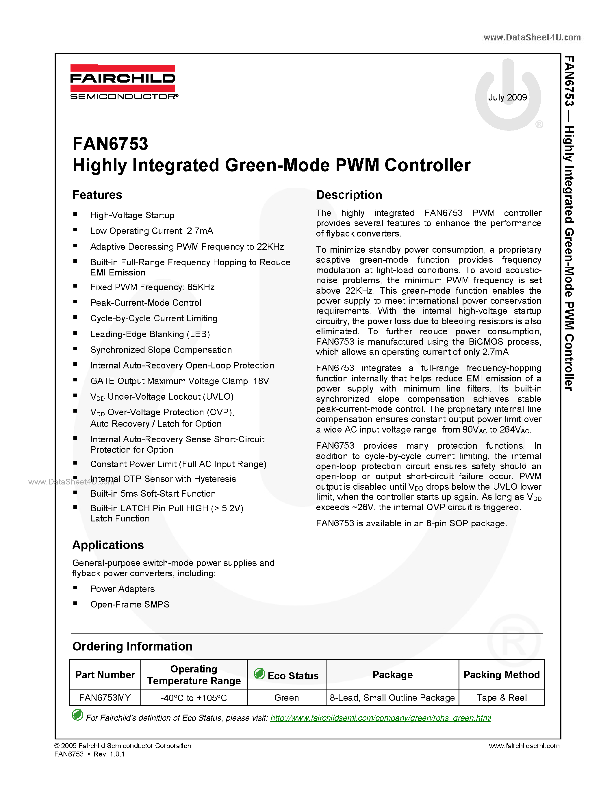 Даташит на микросхему FAN6753 страница 1 Даташит FAN6753 - Highly Integrated Green-Mode PWM Controller страница 1